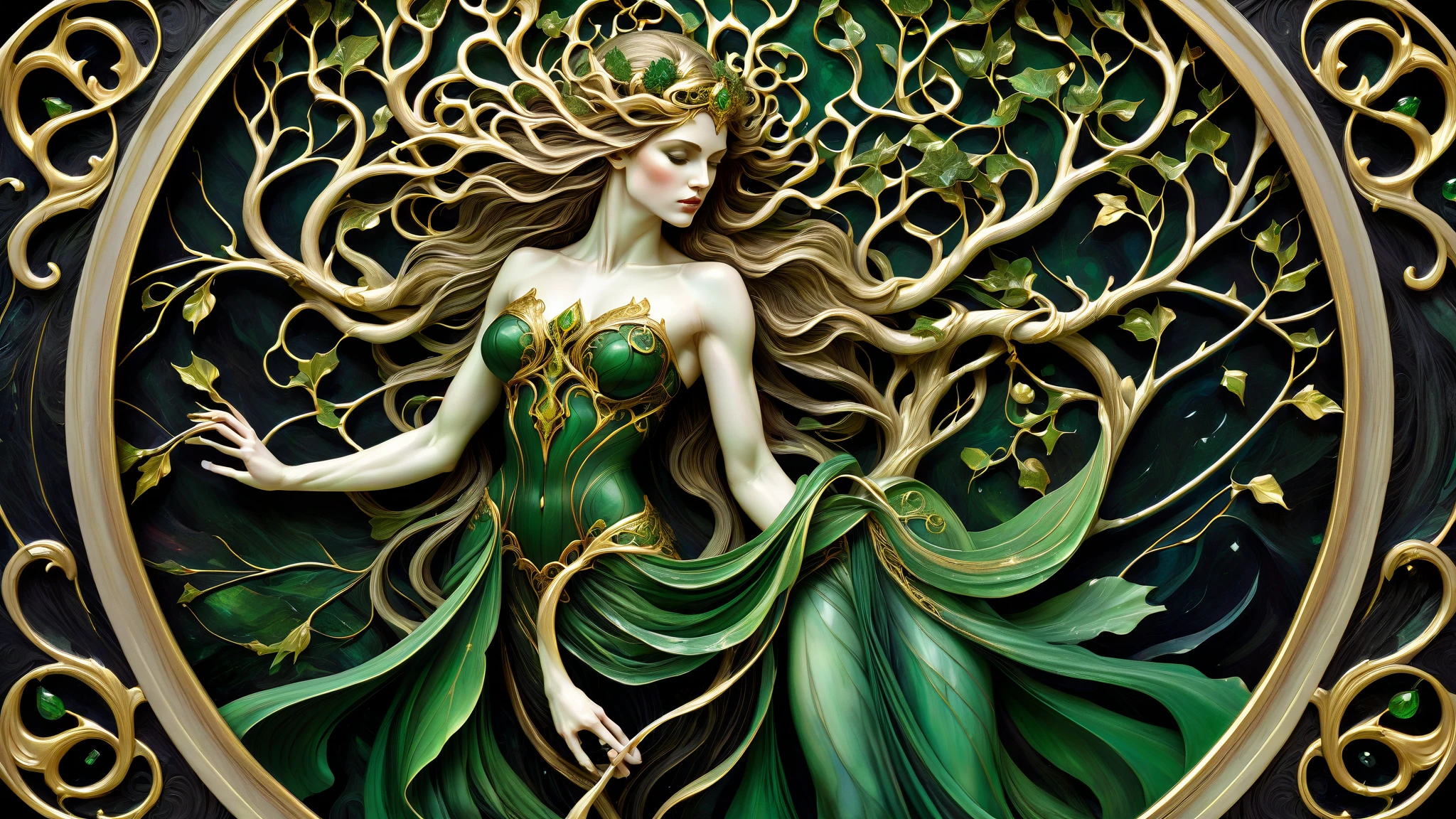 . **Goddess of Wood**
- **Appearance:** An enchanting woman with emerald-green eyes, dressed in an outfit made of leaves, vines, and flowers in various shades of green and brown. Her makeup is earthy, with green eyeshadow and natural, soft lips.
- **Details:** Her hair is long and textured, streaked with shades of green, brown, and gold, resembling the foliage of a forest. The play of light and shade highlights the textures of wood and leaves, with sunlight filtering through the canopy.
- **Composition:** The background is a vibrant palette of greens and browns, with colorful flowers adding contrast. The entire scene captures the lush and vibrant energy of a forest, with sharp focus on her detailed face and body.