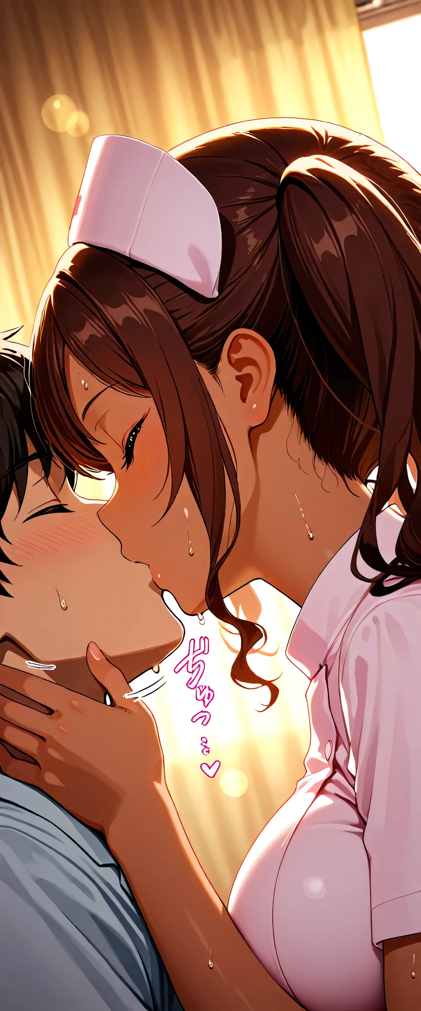 (((He is leaning over her and kissing her))),(((He is holding her hand and deep kissing her))),(beautiful girl: 1.3),masterpiece,Ultra-high resolution,rich contrast,Very high quality,8k,Highly detailed CG unit wallpaper,Texture,So ridiculous,RAW Photos,Depth of written boundary 1.2,(wavy hair,Twintail,brown hair),sidelocks,nurse uniform,Hospital,(tanned skin:1.2),big breasts,big ass,(light makeup),(Circular Bokeh),(backlighting:1.3),1boy,male doctor,(motion line: 1.5),(climax),night,darkness,sound effects,(((sweat))),closed eyes,