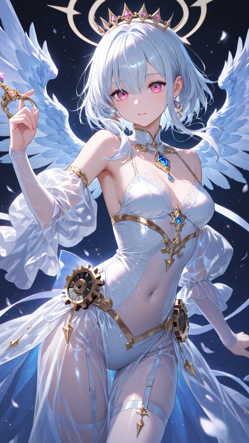 (((masterpiece))), (((highest quality))), ((ultra-detailed)), ((super fine illustration)), ((ultra-fine painting)), (Shot from front:1.6), (Highly detailed and delicate illustration style:1.8), detailed skin texture, detailed metal texture, detailed cloth texture, extreme detailed description, (T-masterpiece), (highly detailed face:1.2), (highly detailed hair:1.2), (highly detailed eyes:1.2), (Highly detailed symmetrical wings:1.2), original, RAW photo, professional, Intricate details, super details, direct light:1.6, highly detailed hands:1.2, highly detailed fingers:1.2, highly detailed fingertips:1.2, (sexy), (sexy), real, (Solo:1.5), ((A very beautiful and intelligent mechanized angel girl who is the head court mage)) BRAKE (Beautifully shaped breasts), (Beautifully shaped small buttocks), (Highly detailed and perfect symmetrical large white wings:1.4), (Very detailed and delicate beautiful shiny silver short hair that shines in rainbow colors, colorful short hair:1.2), (Beautiful clear blue eyes that shine with great detail and delicate:1.2), (Highly detailed face:1.4), look at the viewer, (Very detailed, beautiful and perfect hands:1.4), (Very detailed, beautiful and perfect fingers:1.4), (Very detailed, beautiful and perfect fingertips:1.4), (perfect anatomy:1.4), (Perfect symmetrical wings:1.4) BRAKE ((sophisticated mechanism:1.4))Smooth and menacing design, (A highly detailed and delicate ice and thunder magic divine mechanical armor dress that shines in sapphire blue and pearl white exclusively for the head court mage:1.3) BRAKE concept-art, Detailed science magic fantasy art, (Battle Pose), (Magic Casting Pose:1.6) BRAKE Different world, NOT robot, (16K highest quality wallpaper:1.4), (Highly detailed and beautiful starry sky and magic circle background:1.4) BRAKE (NSFW) BREAK 