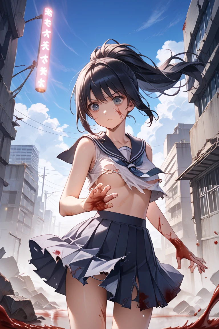 Cute Japanese high school girl fighter with short-cut black hair, drenched in sweat and covered in scars. She is fighting a lot of rogue students in a back alley. Out of breath with one eye closed. Small breasts. Torn student uniform. She has been punched by a lot of rogue students.