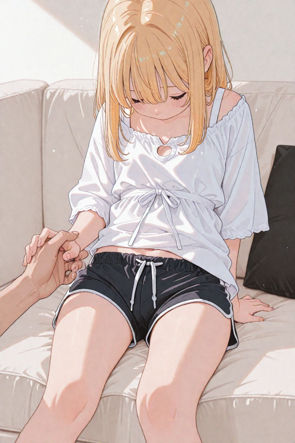 ((breasts showing), score_9, score_8_up, score_7_up, source_anime, rating_safe, , (realistic:0.6), , depth of field, 1girl, solo, sachi_umino, blonde ponytail hair, purple eyes, short hair, bangs, hair between eyes, close-up, apartment, indoors, dark, standing, spread legs, open mouth, horny faces, orgasm, ahegao, camisole, navel, she is hot and very swearty, wet body ,half naked, pussy, arms behind head, armpits, sweaty armpits, sex, 1 boy grab her breasts , cum in pussy, , open legs, nsfw:1.5, , cum on body, from behind , licking her armpits, standing sex from side, vaginal, saliva, panties aside