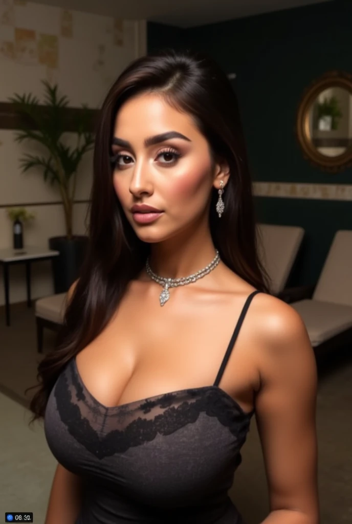 Beautiful Brazilian girl, extremely detailed face, makeup, blush, mesmerizing eyes, luscious lips, fluffy hair, perfectly-shaped eyebrows, sharp cheekbones, sitting in the luxury terrace of Dubai City, her friends in tow. She was wearing orange and fuchsia intricate long dress, and her long, dark hair was swept up in a high ponytail.