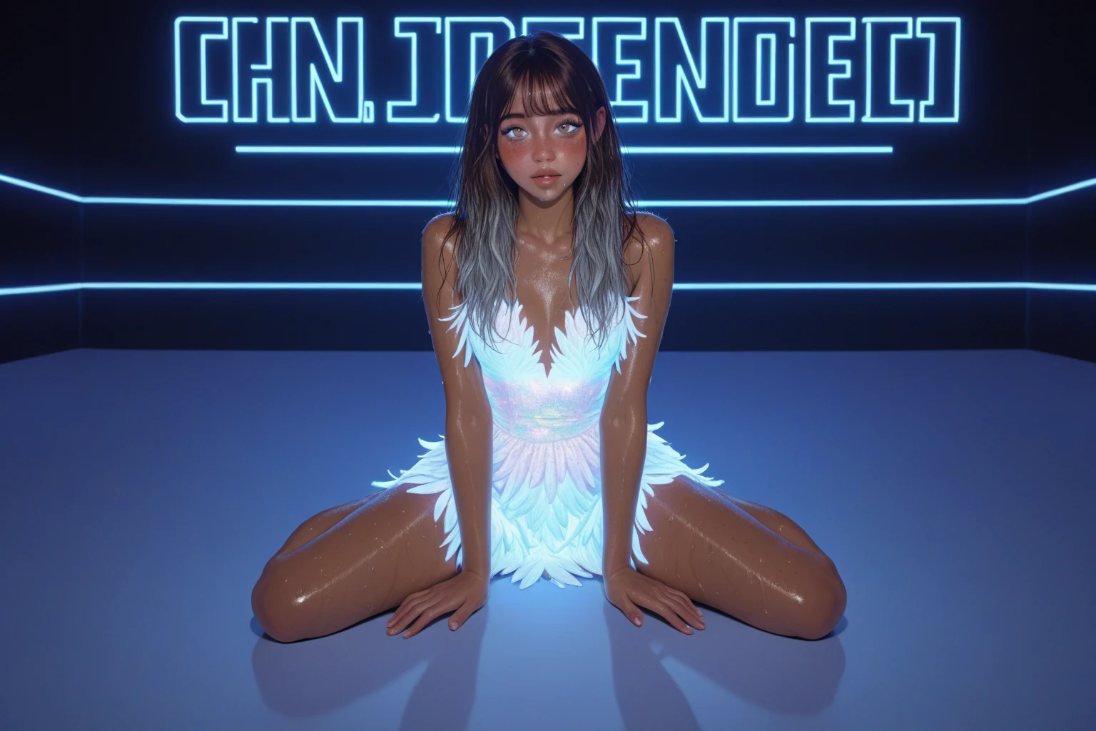 Female child with indigenous features and long, dark hair parted in the middle and tied in 2 parts wearing a white long-sleeved blouse with holographic material details and a white skirt and socks with platform sneakers. With earphones. futuristic style 
