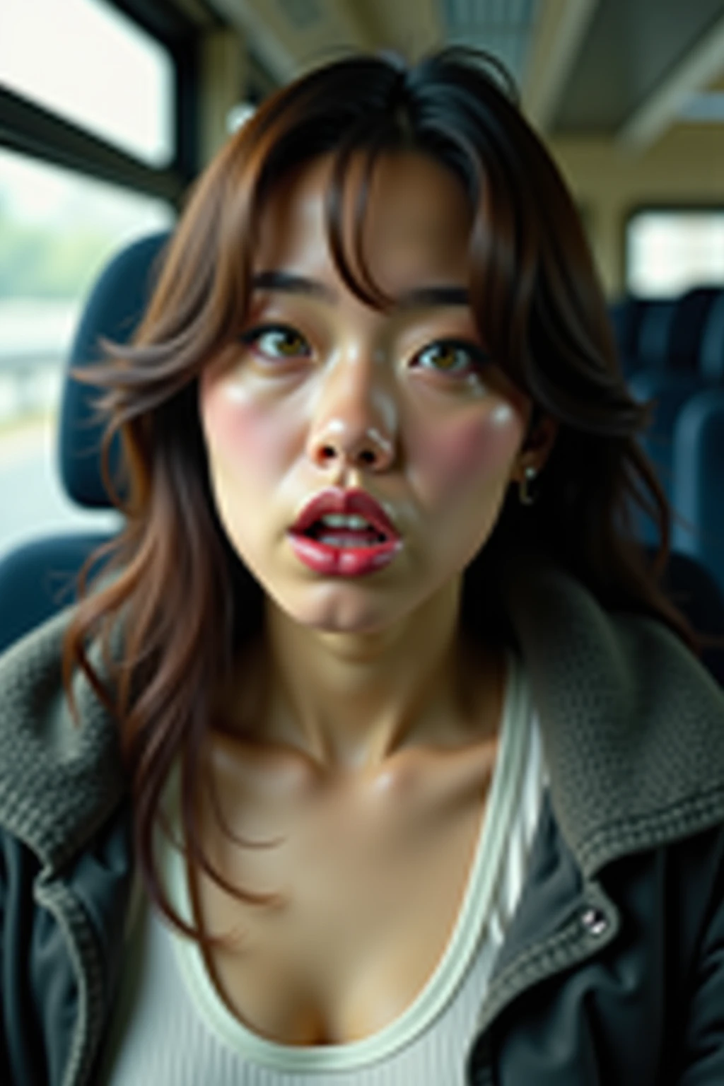 ((masterpiece:2.0, best quality)), ((ultra high res)), (photo realistic:1.4), 8k, absurdres, detailed shadow, (sharp focus:1.4), (super detailed skin:1.4), (face close-up:1.4), very cute, 50 yo, japanese, (extremely detailed eyes:1.4), (extremely beautiful eyes:1.4), (flat nose:1.0), (extremely detailed lips:1.4), (extremely beautiful and fresh lips:1.4), (round face:1.4), (baby face:1.0), (loli:1.0), break, curvy style, supermodel,
break, (commuter train:1.4), (from above:1.4),
break, (ponytail:1.4), (bangs:1.4), natural makeup,
break, nsfw, (perfect penis:1.4), (fellatio:1.5), 1girl, penis, hetero, 1boy, oral, solo focus, pov, (deepthroat:1.4),