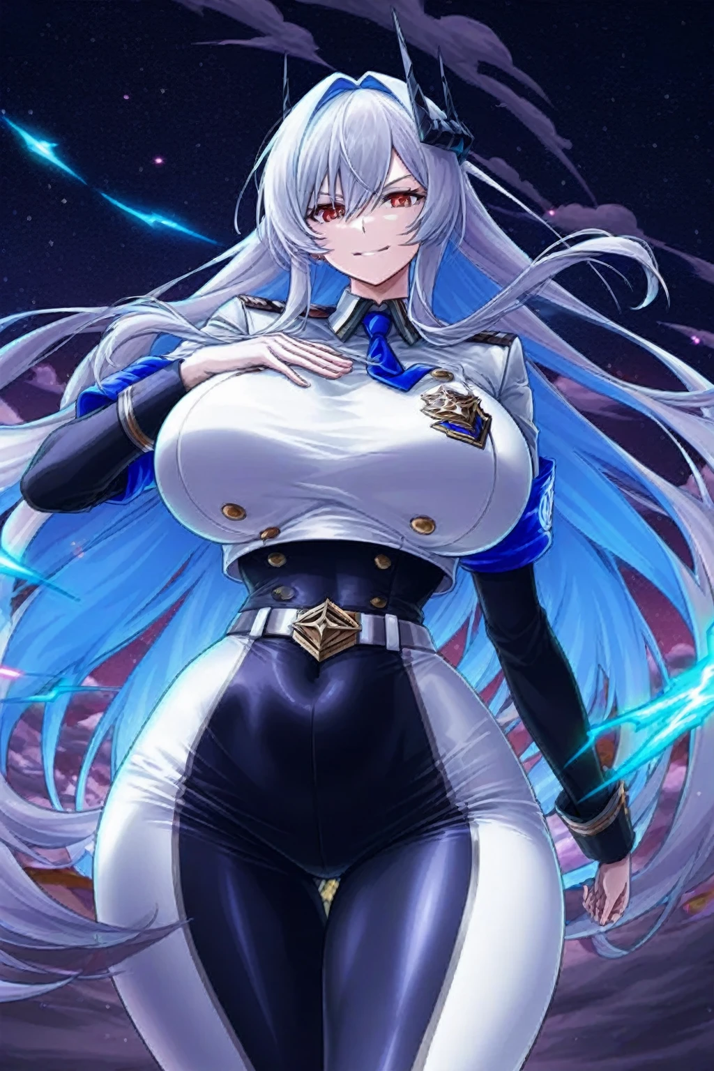 1girl, large breasts, thick thighs, wide hips, blue jacket, yellow eyes, white hair, horizontal stripes, striped bikini, smile, happy, light smile, long hair, open jacket, bikini, 2d, anime style, anime screencap, epaulettes, (blue stripes), hourglass figure