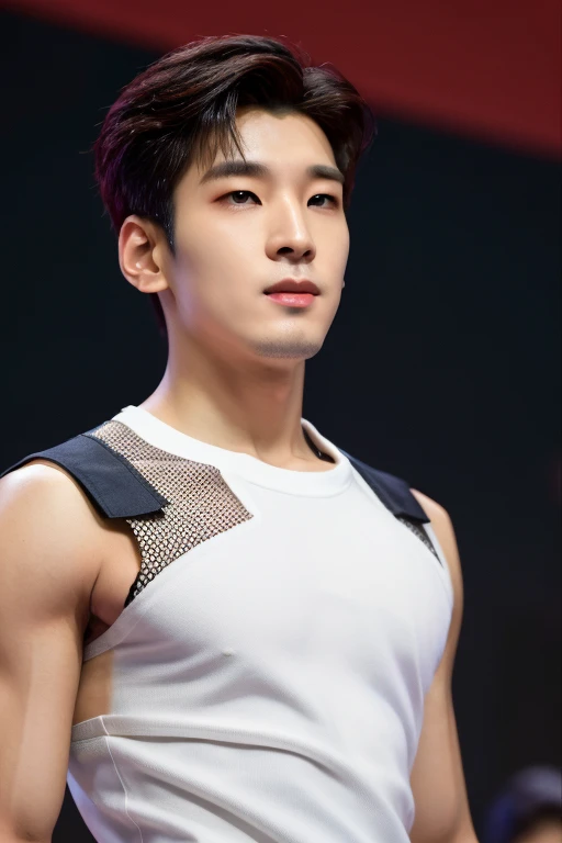 (8k, RAW Photos, Highest quality) masterpiece, 1 teenager, 18-year-old, Asian Muscular Man Watching the Viewer, Stand in front, Exposing his huge muscular chest, Puffy nipples, Sexy Six Pack, Tight waist, good looking, topless, A man wearing thong underwear , Gradient Background, Shine & Sequin Backdrops , Cinema Lighting, Ultra-high resolution , KPOP idol,Stage pose