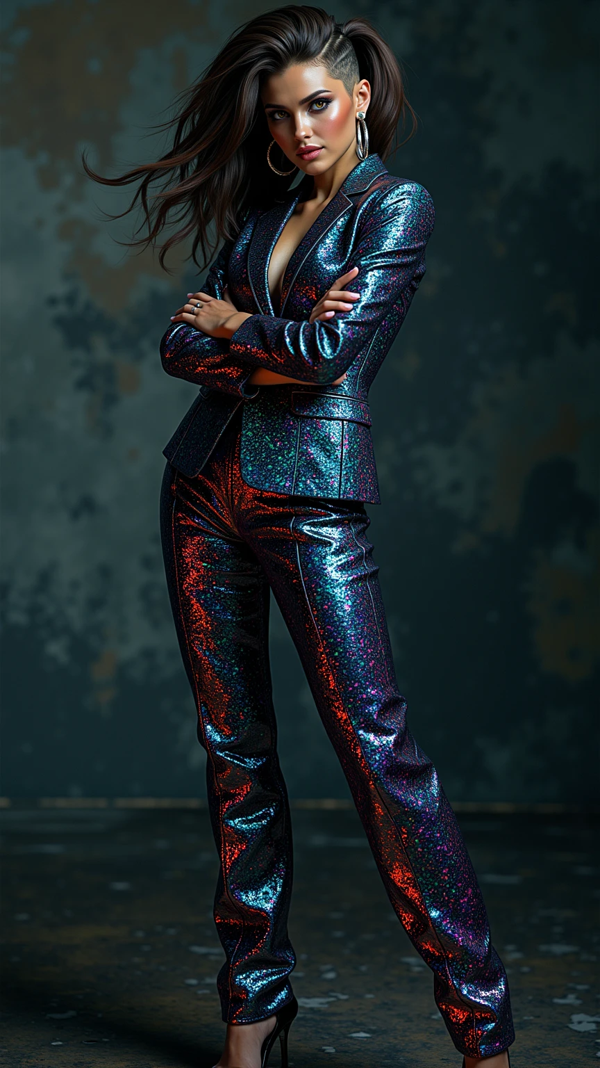 image of a {1girl stunning pose, photo_model pose, perfect proportional anatomy, girl with high heels, futuristic fashion suit, UHD, intricate detailed, 8k, best quality ever, masterpiece, super detailed, unleashed creativity, beyond imagination, dramatic light, gradient motion color background}, rough, massive multi color smoke and bubbles all over the background place, weathered and textured