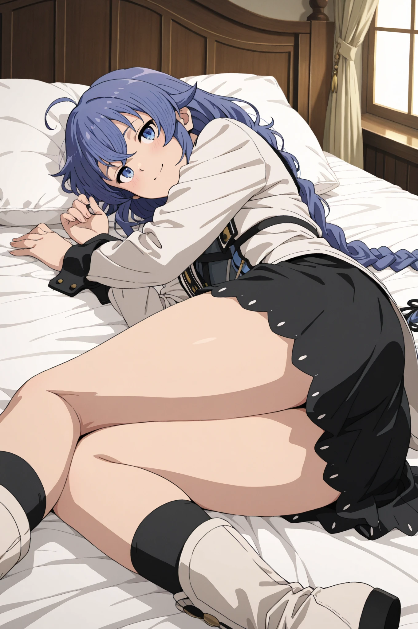(1girl in),(beautiful eyes finely detailed, Face to detail, white and blue hair color), harry potter style uniform, sstanding on bedroom, tsundere facial expression, looking at viewers, camera angle from top, full body, masterpiece sidelighting, ​masterpiece, top-quality, detailed, High resolution illustration