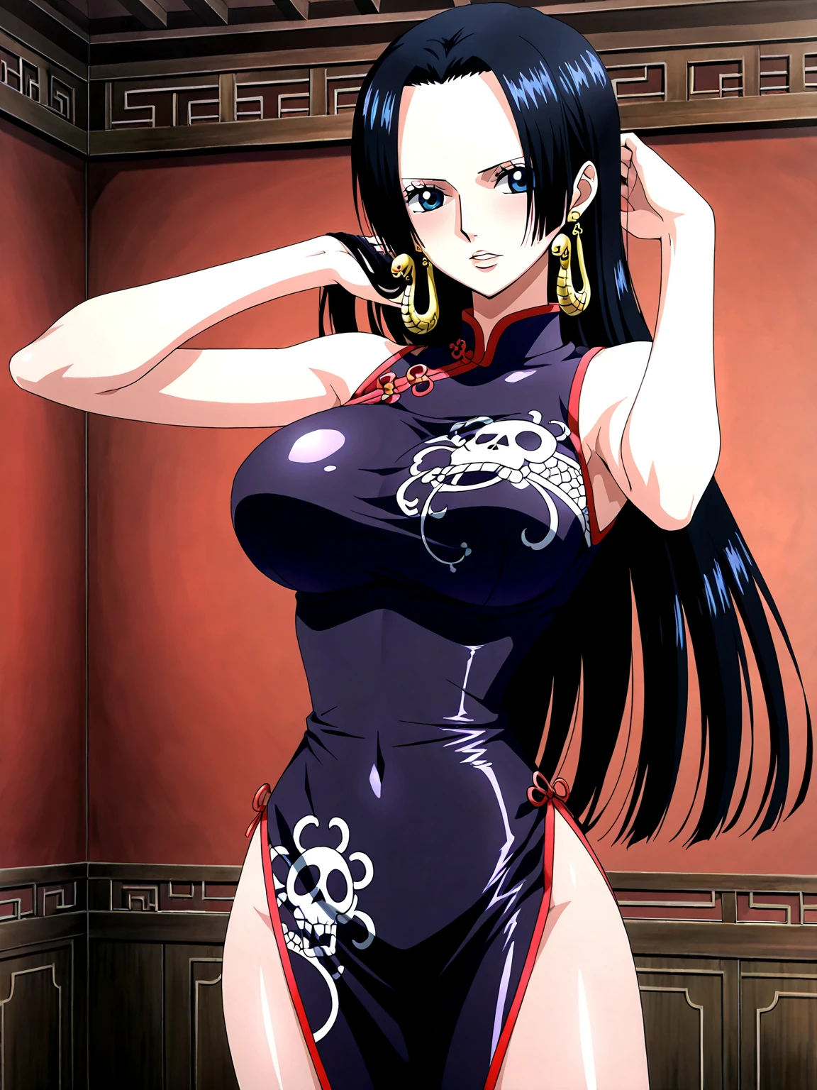 score_9, score_8_up, score_7_up, source_anime,masterpiece,best quality,highres,absurdres,official art,official style,source_anime,anime screencap,anime coloring,megami magazine,anime,animated,explicit,boa_hancock,long hair, black hair, earrings, large breasts, ,((areola slip)), ((Areola)),((nipple)), long hair, looking at viewer, Laege breasts, navel, o-ring, Standing, (White Seethrough swimsuit:1.3), ((focus on pussy)), from pussy
