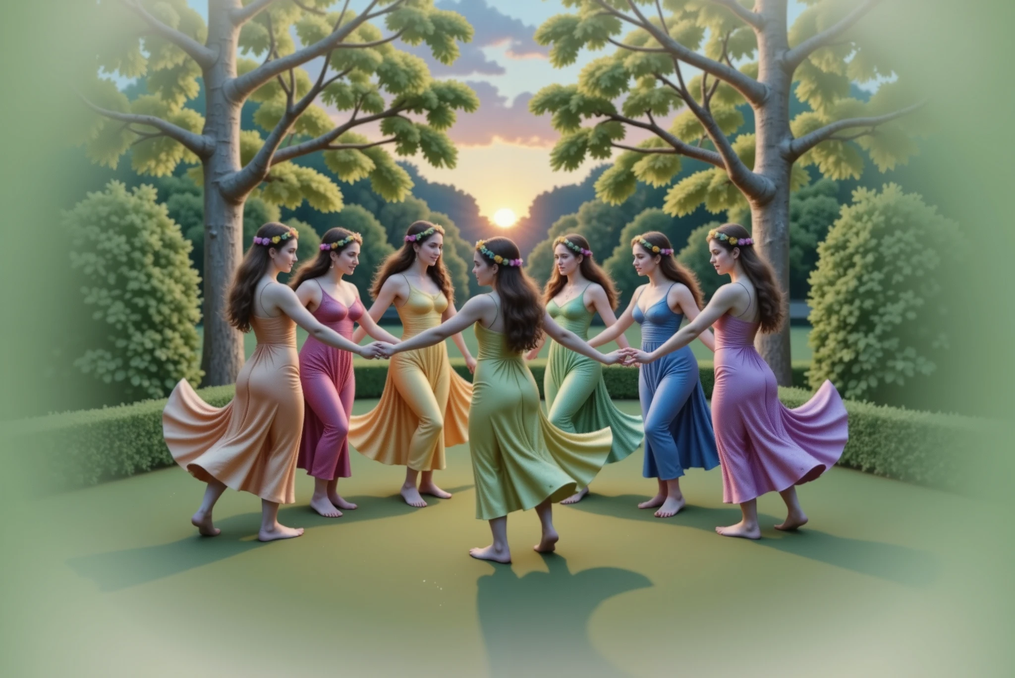 Seven mythological nymphs dance in a circle in a magical clearing in the heart of an enchanted garden, under the twilight sky, with light and graceful movements, forming a circle. Each nymph wears a thin, flowing robe in a different color of the visible spectrum: red, orange, yellow, green, blue, indigo and violet. The robes have petal details and a soft glow. On their heads, crowns of colorful flowers match the tones of their clothes. Behind them, the afternoon sun shines, creating a golden effect that envelops the scene in a magical aura.