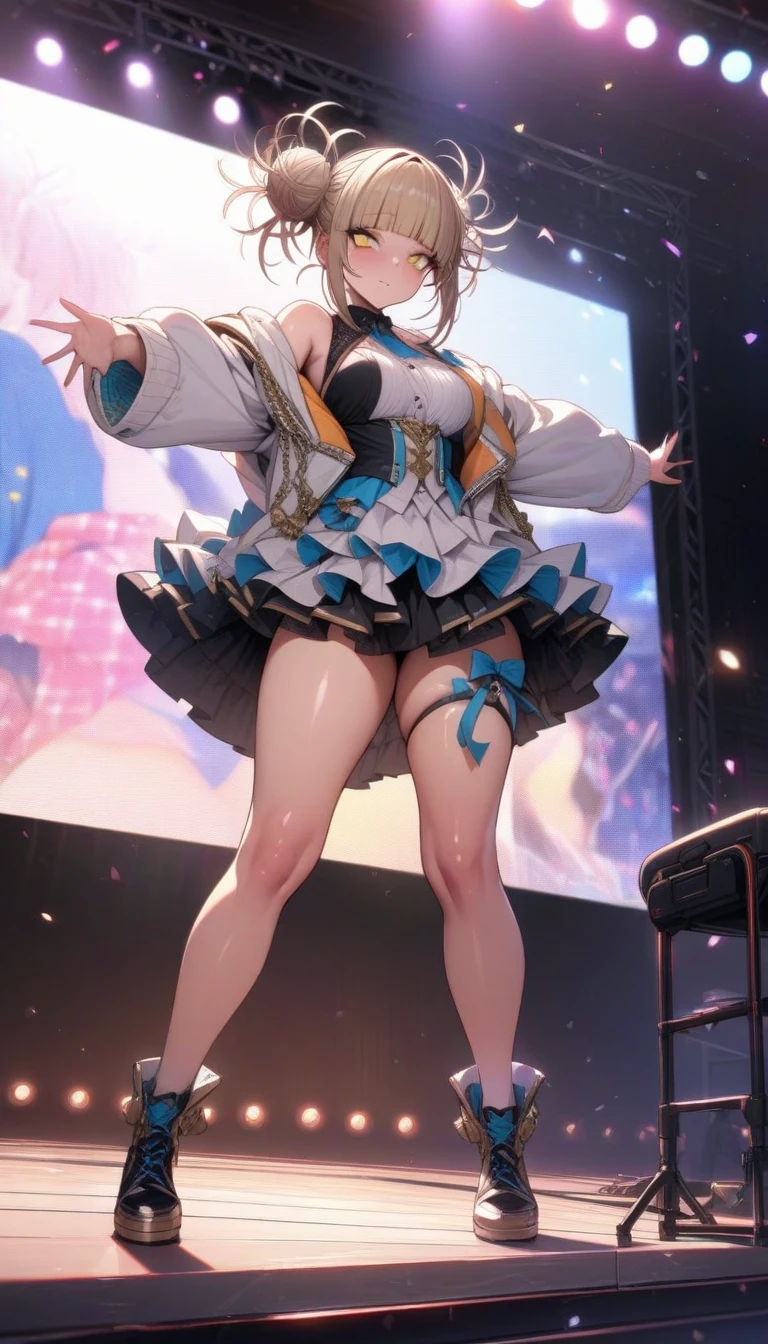 masterpiece, ultra-detailed, illustration, game cg, best quality, highres, kitagawa marin, 1girl, short fluffy blonde hair, swept bangs, gradient hair, red eyes, glossy lips, light smile, blush, large breasts, sleeveless idol dress, very puffy skirt, flared skirt, thigh highs, heeled boots