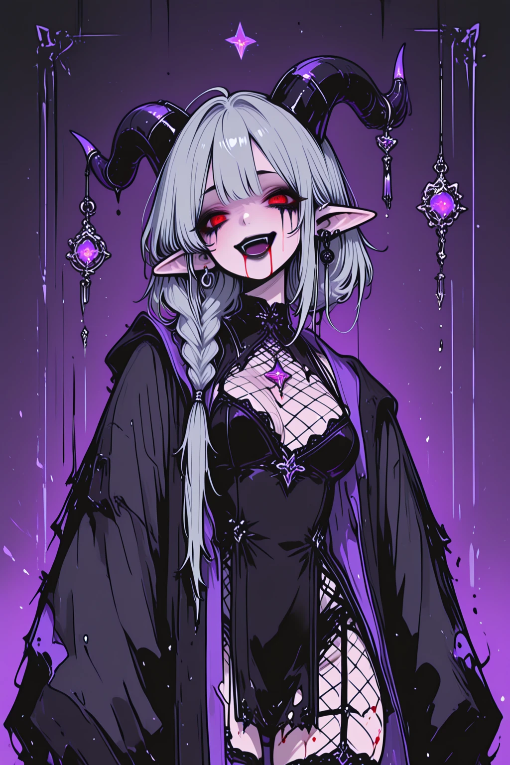 卓尔elf, woman, Pointed ears, Solitary, elf, Umbilical cord, hood, have dark skin, diaphragm, Looking at the audience, Long hair, elf, breast, White hair,  Gray skin, Know, Glowing eyes, Lips, Friendly Smile, ((masterpiece, best quality)), Artwork by Greg Rutkowski, Popular on artstation (masterpiece:1.2), best quality, Beautiful rebellious girl,portrait, 
1 Girl, have, open mouth, Glossy lips, White short hair, , Pink Eyes, earrings,, Long eyelashes,  contour, Upper Body, Clothes Writing,Huge bust、Protruding chest、Super huge、Huge breast,  Barcode tattoo, bust,  Smile, Collar，Huge bust，Long hair，Drool，Milky saliva，Showing breasts，Chest-baring clothes，Collar with iron chain，fangs，Facing the camera，Red heart-shaped pupils，Superbly detailed eyes，Exquisite face，Detailed face，Delicate nose，Intricate tattoos，Rainbow colored hair tips，Short hair girl
 