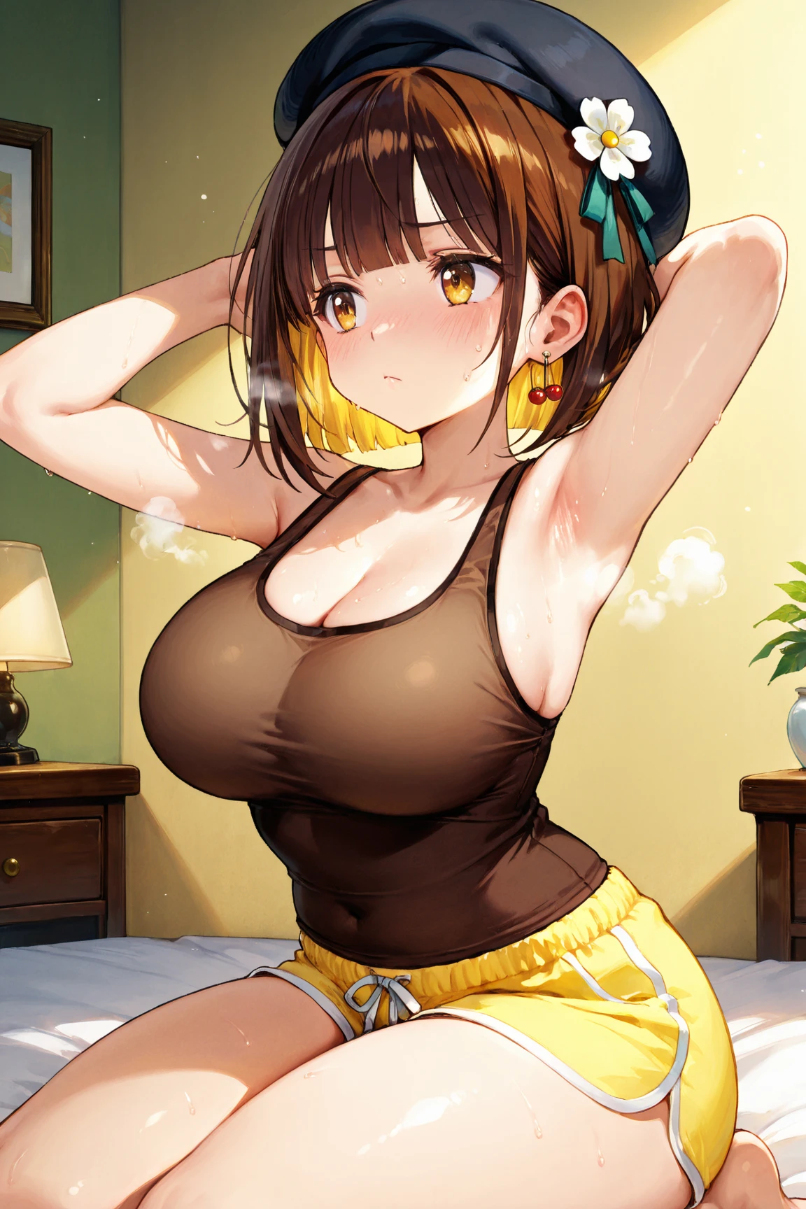 (masterpiece, highres, best quality, absurdres, 8k, ultra-detailed, detailed background, vivid, intricate details,:1.2), (depth dynamic angle shot:1.2), young girl, (schoolgirl uniform:1.5), (luxury mood outdoor background:1.5), beautiful eyes, (embarrassed face:1.3), (huge wide breasts:1.3), (leopard bikini:1.3), (schoolgirl long skirt:1.3), beige hair, curvy, thick, chubby, shiny tan skin,