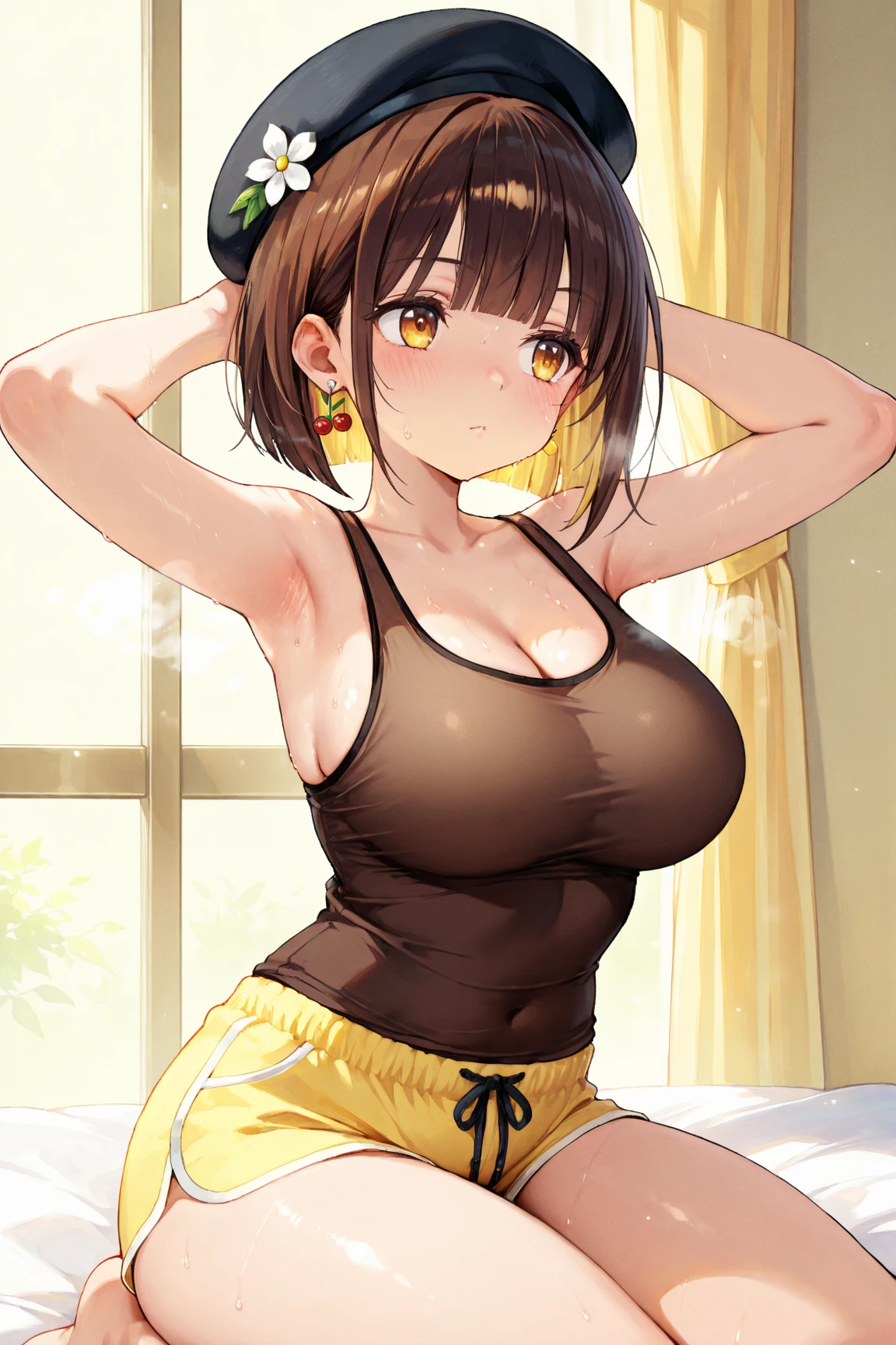 (masterpiece), best quality, Detailed, Ultra-Detailed, Digital Art, Detailed Face, (Hyper-Detailed Eyes:1.2), (Absurdres:1.2), (Realism:1.2), (Realisitc:1.2), expressive eyes, perfect face, massive breasts, very curvy, long brown hair, yellow eyes, gyaru, full lips, seductive, smiling, at home, (tank top, choker: 1.1), (hotpants: 1.2), revealing clothes, cleavage, at home, massive breasts, wide hips, sweating, 1 female, sitting down, sexy, facing the viewer, (mayadere: 1.3)