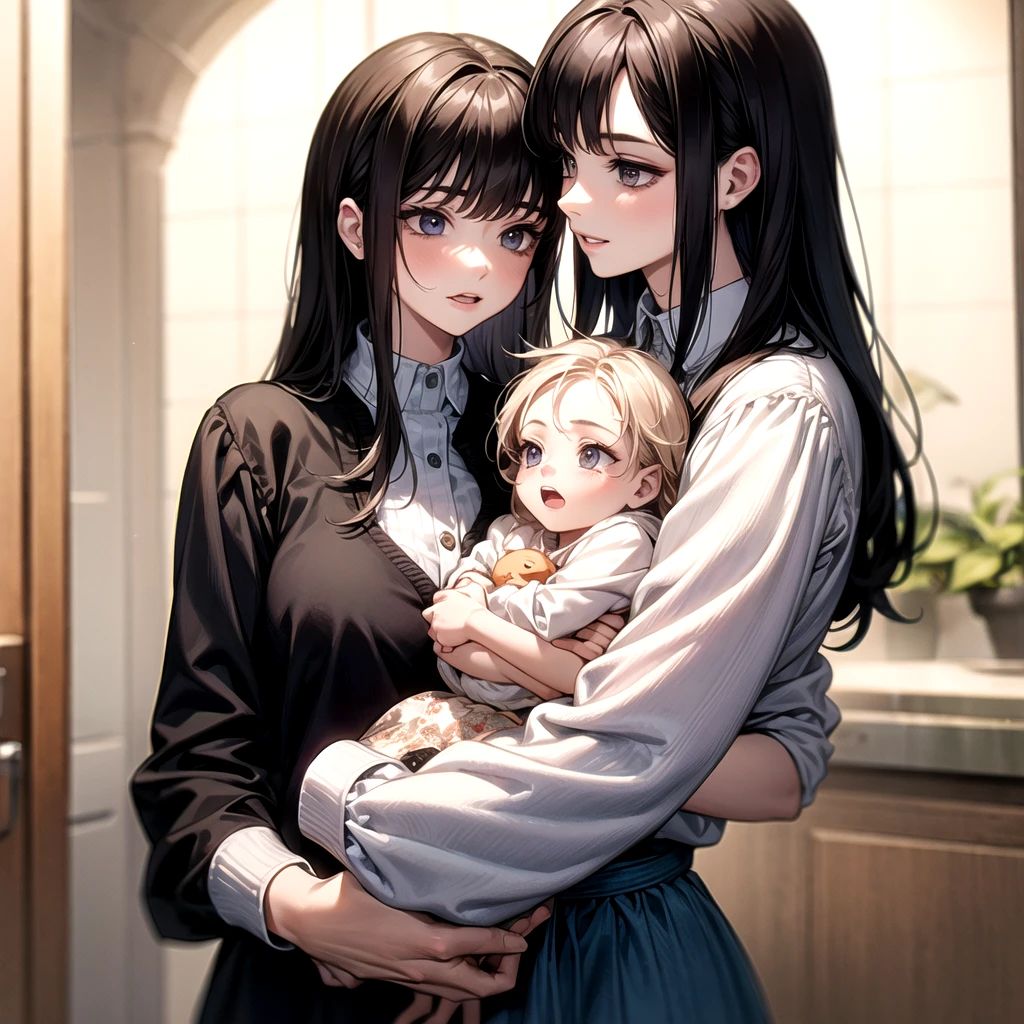 A woman stands in the center holding a 6-month-old baby, A  girl next to the woman on the left side and an 1 girl on the right side, all with brown hair, in modern clothes and sitting on a sofa.