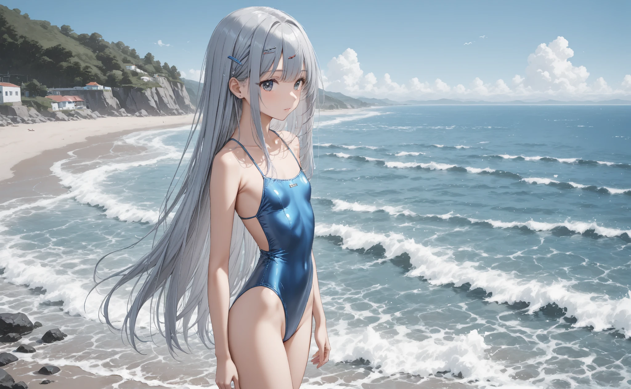 Beautiful, Masterpiece, Best Quality, Hiqcgbody, Anime, 1girl, Medium, Bikini, ((White Swimsuit)), Portrait Shots, View Viewer, Partially Submerged,Southern,Beachfront, ((Silver Hair)),(Cat Ears),Ponytail,Wet Skin, Intricate Details,>,((Covered)