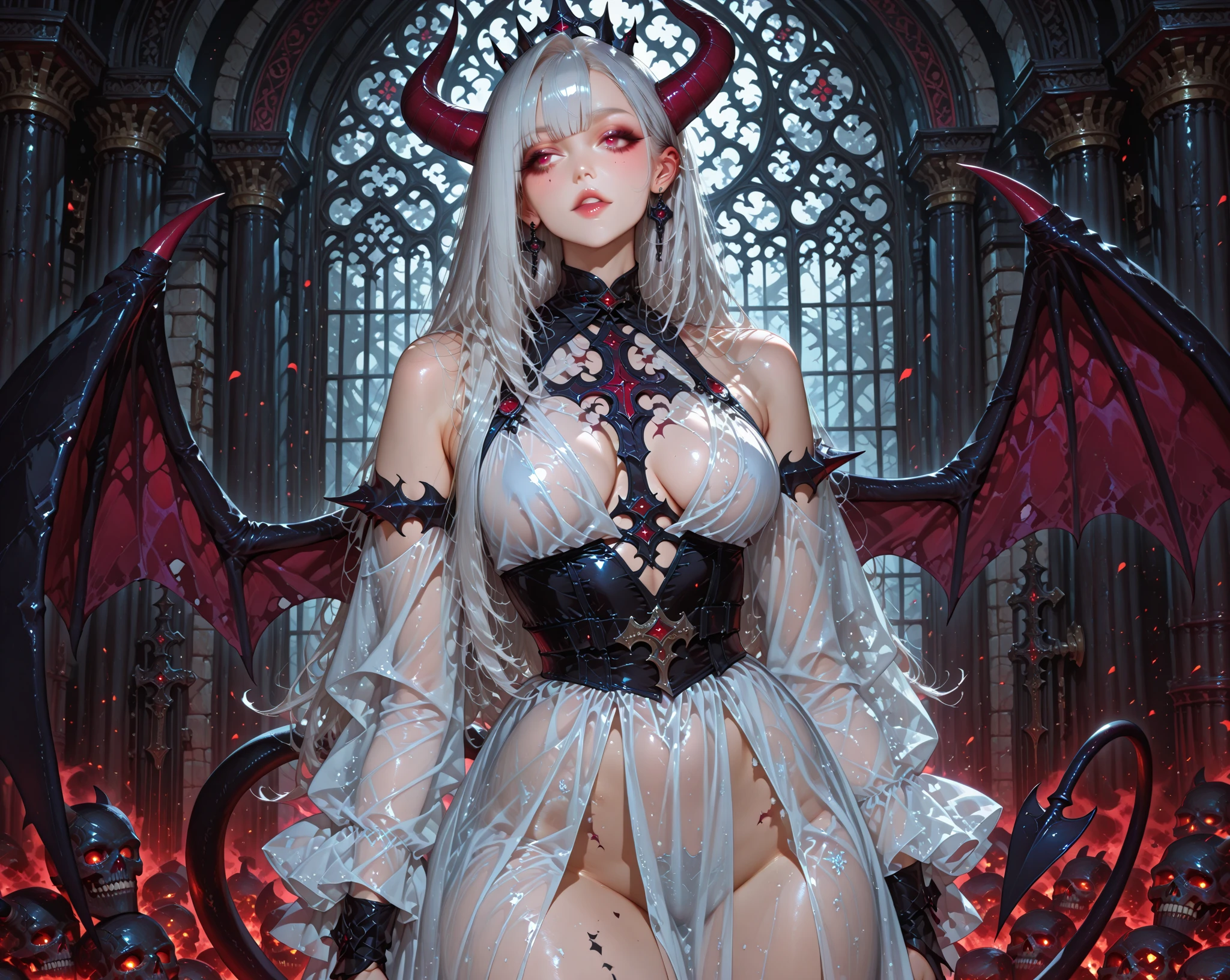 (32K:1.5, Dark fantasy:1.4, Highest quality, masterpiece, Ultra-high resolution), Perfect dynamic composition:1.3, Horror Portrait, chaos, Dark Background:1.3, Prisoner, slave, Dark Demon World, god々Shii, (Detailed tattoos on the whole body:1.4, wearing exquisite jewelry:1.4), Very detailedな肌と顔の質感:1.3, Very accurate, Very detailed, (Sexy succubus demon with big wings:1.3, Incredibly slim body:1.3, Beautiful and aesthetic:1.3), Horn, Fair skin, Sensual posture, ((Properly dressing badly torn clothing:1.3)), Mid-chest, (Big eyes that exude eroticism:0.4, Feel the stimulating caress:1.0, Please open your mouth a little, lipstick, Feel the eroticism:0.9, Too sexy:0.9, charm的な:0.9), ((Bloody:1.5, Covered in scars:1.5, Necrosis:1.6, Lots of chains:1.6, Countless chains tangled in clothes:1.6, Chain your right arm:1.5, Chain the left arm:1.5, The right leg is bound with a shackle and chain:1.5, The left leg is bound with a shackle and chain:1.5)), Super long blonde curly hair, Earrings, necklace, bracelet, romantic, god秘的, elegant, Object of admiration, original, dramatic, artistic, Innovative, charm, Heartful, Fancy, sense of openness, sense of cleanliness, special, exciting, grotesque, Extreme, Tilt, sense of loss, sorrow, sorrowの表現, ((悪魔のcharm, 女性的なcharm))