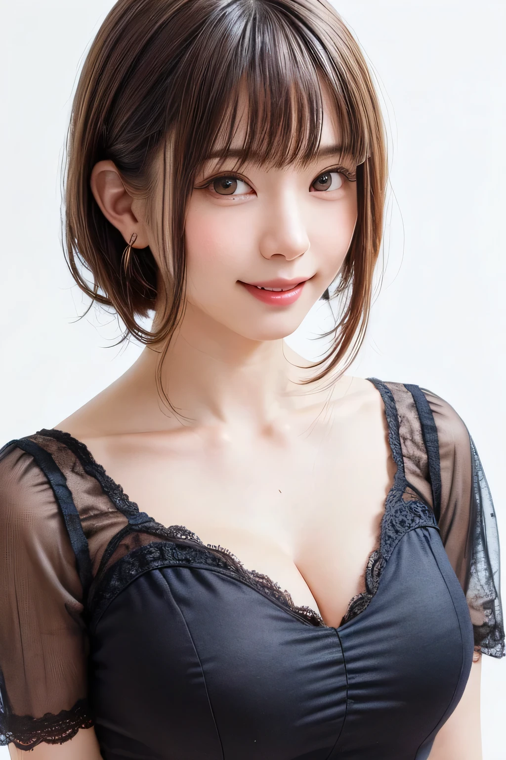 1girl, cute, innocent, sweet, shy, maid, maid outfit with frills, short brown hair, grey eyes, no background, absurdres, high res, ultrasharp, 8K, masterpiece, looking at viewer, standing, collar, collarbone, cleavage, large breasts