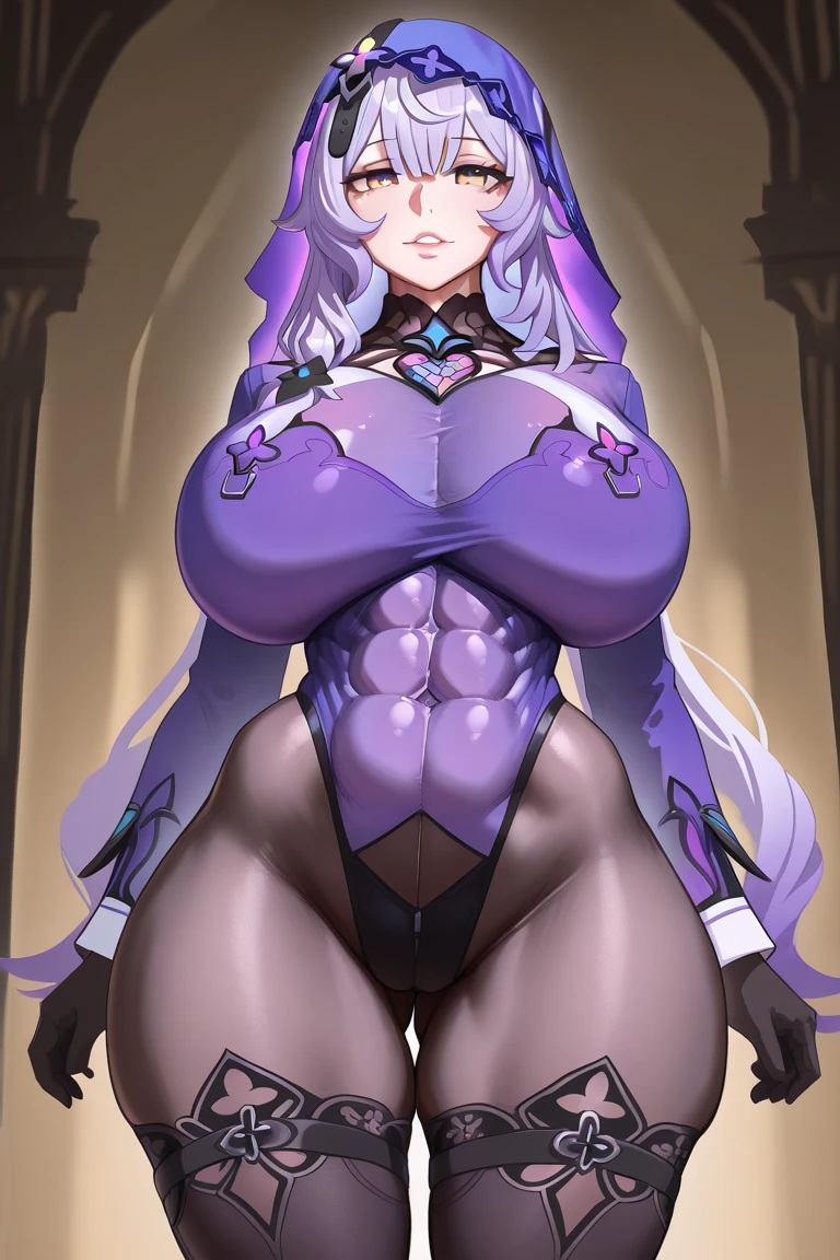 score_9, score_8_up, score_7_up, score_6_up, score_5_up, score_4_up, solo, 1lady, milf, mature woman, night elf mercenary, (very long white hair), ((long side locks with hair tubes)), bang, white eyebrows, light lipstick, ((pouted lips)), ((purple skin)), ((pupil-less glowing yellow eyes)), corset leotard, waist armour, over the knee white boots, bare shoulder, big full lips, source_anime, cel shading, cute, masterpiece, best quality, topless, ((pouted lips)), (((gigantic breasts))), ((sagging breasts)), big dark purple nipples, ((huge ass)), thick thighs, wide hips, blush, pleasant smile, sexy, seductive, alluring, feminine, smile, detailed background, detailed lighting, ((NSFW)), ((full body)), fantasy aesthetic, (mystical forest), ((elfin ruins)), ((dark night)), standing, ((cowboy shot))