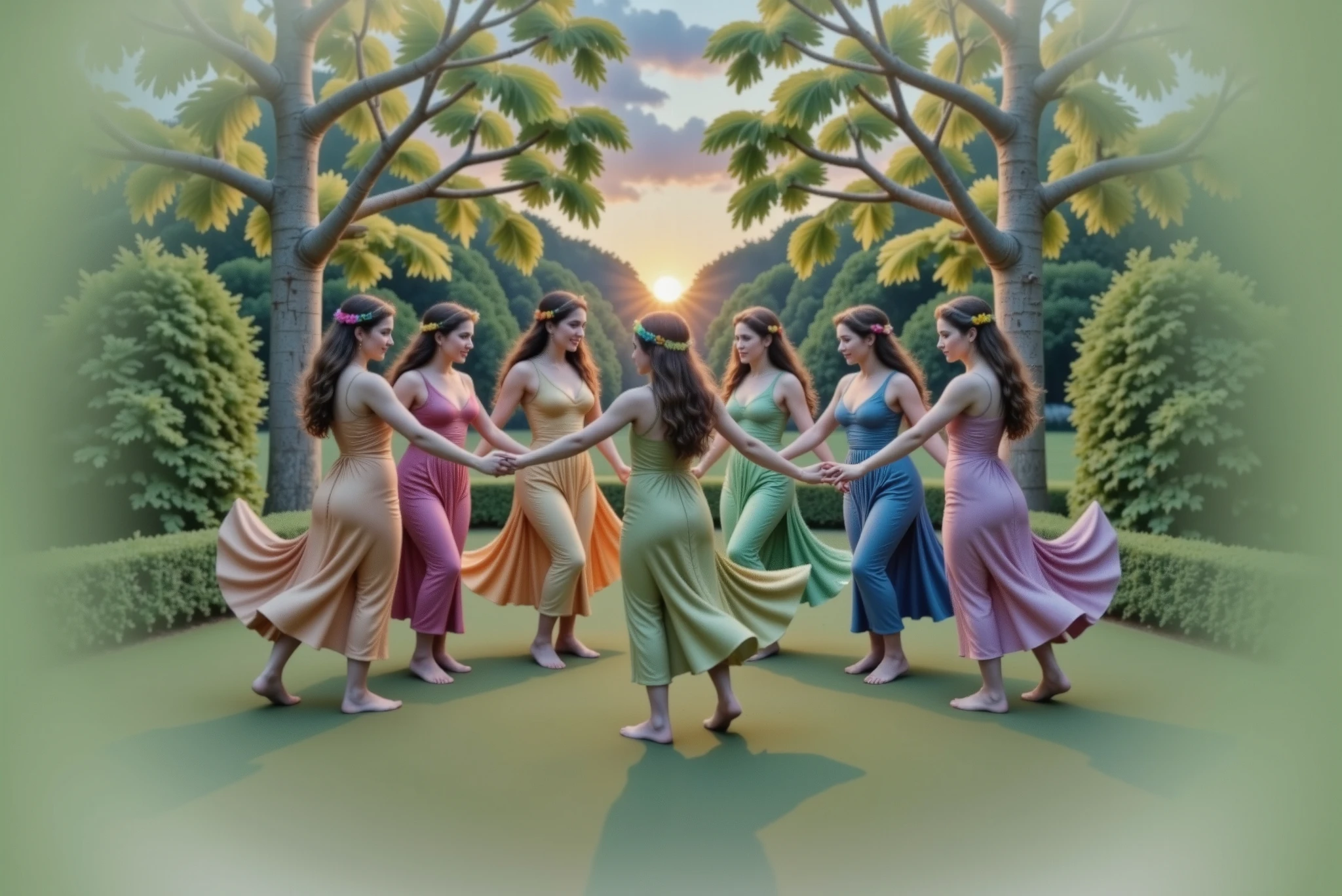 Seven mythological nymphs dance in a circle in a magical clearing in the heart of an enchanted garden, under the twilight sky, with light and graceful movements, forming a circle. Each nymph wears a thin, flowing robe in a different color of the visible spectrum: red, orange, yellow, green, blue, indigo and violet. The robes have petal details and a soft glow. On their heads, crowns of colorful flowers match the tones of their clothes. Behind them, the afternoon sun shines, creating a golden effect that envelops the scene in a magical aura.