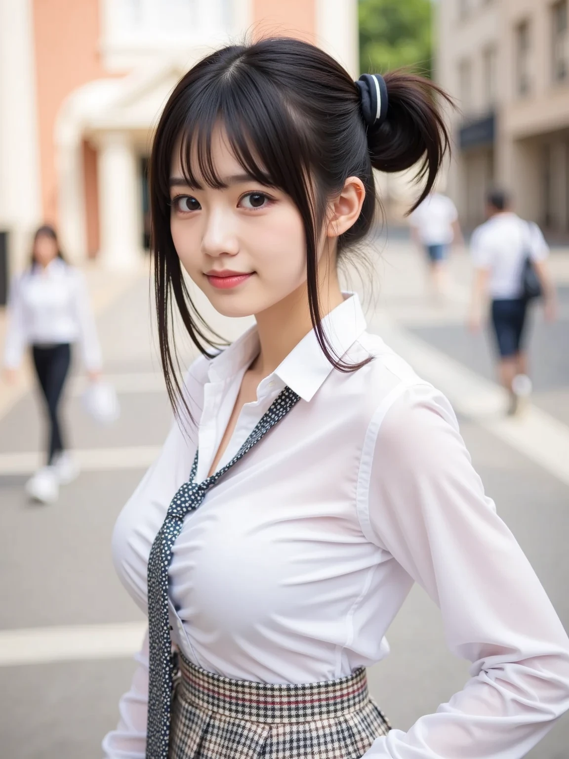 Muchirimchi、kawaii、Thick, round faced、Short black hair、college girl，Top suspenders