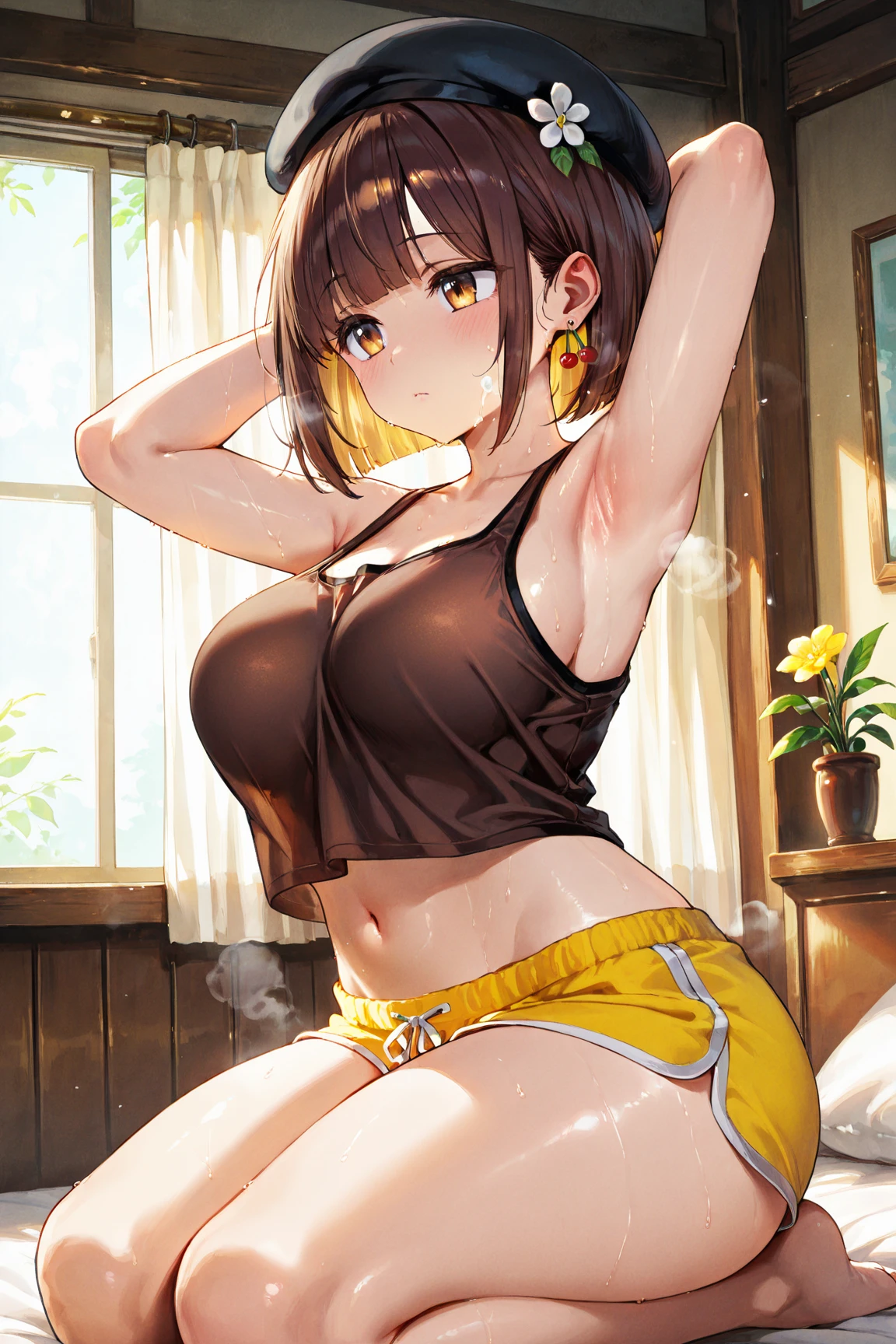 masterpiece、Highest quality、Ultra-high resolution、Medium breasted girl、Thick thighs、red and large eyes,、Black short hair、The hair inside is colored、Excited face、Please open your mouth a little、Sensual Gravure Idol、Seductive pose、Sex-inviting pose、Yellow camisole、Yellow panties、Sweat all over、Sitting on the sofa