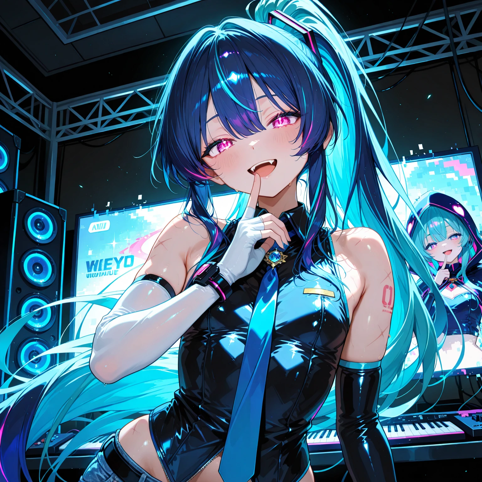 (masterpiece), (The best illustrations), (Singing Girl), (rainbow-colored hair), anime backgrounds, Beautifully lit concert, livestream,microphone, Red lighting, Blue lighting, Yellow lighting, Rim lighting,(the Extremely Detailed CG Unity 8K Wallpapers),(masterpiece), (top-quality), (Vaporwave Style), (ultra-detailliert), (The best illustrations), (Best Shadows),Perfect litthing, perfect anatomia, vivd colour,