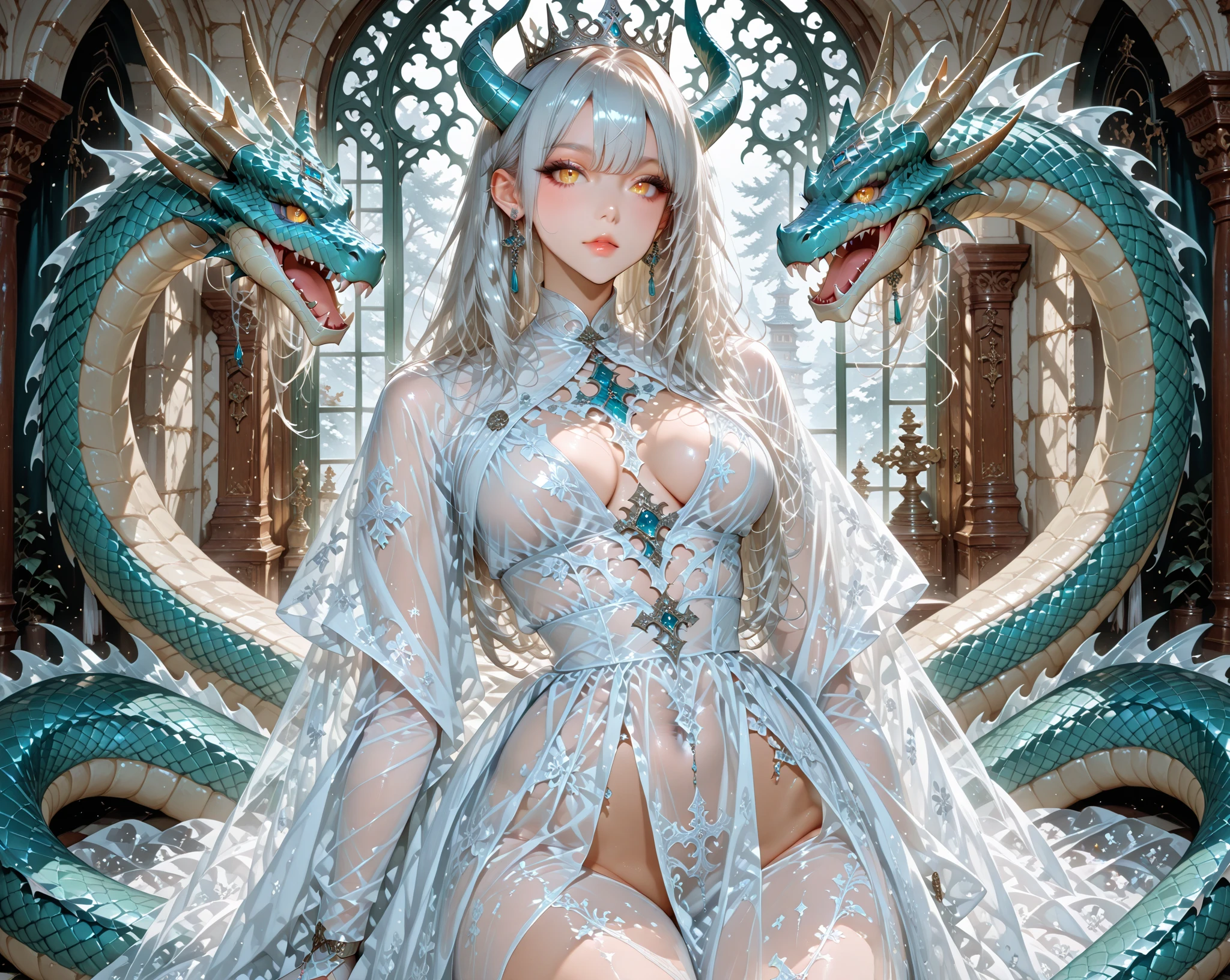((Highest quality)), ((masterpiece)), (detailed)(Two Women 1.2)Sister 1.2、大きな白い竜に見守られながら玉座に座っている二人の姉妹のQueen1.2、50 years old、Nioh Standing 1.2、Horrible Face 1.2、Glaring 1.2、Sagging milk 1.2、from the front、Well-formed face、Cheeky face 1.2、Hitman 1.2、Murderous Intent 1.2、Murderous Smile 1.2、Killer Face 1.2、Mouth closed 1.1、Huge breasts、A rich body、Stand straight with your legs apart1.2、,(((Big Breasts))),(((Huge breasts))),(((Great tit))),(((SFW)))、Extraordinary Vengeance 1.2、Armored animals、Large areola、(Two Girls)、Standing at the entrance to the underwater temple leading to Ryugu-jo Castle、Dragon curtain on the podium in the background 1.1、A huge white dragon is watching over the woman from behind..2、Magnificent Underground Scenery 1.2、near, violent, Creatures from the End of the Earth、White vampire owl on shoulder 1.2、Little White Owl 1.2、A chair made from a giant snake、Maximum chest size、Metallic rainbow snake dress with Yamata no Orochi embroidery、He has a very sharp shield with a spear attached to his back、In the background sits a giant white dragon that rules the world..2、Crystal Stone Spear 1.2、Stand up straight with your arms folded、Whitish blonde 1.2、Super long straight hair、Shiny Hair 1.2、Super long bangs 1.2、Spread your legs wide、Iridescent Cosmos Spear 1.2、One gun in each hand.2、A gold and black metallic tapestry with floral patterns blooming in the dark、A metallic flower arrangement that represents infinity、Infinite flower field embroidery、Gold see-through tights、Large silk tights with net、Queen'Decoration of s、(Two Girls)、(There are two sisters)、Huge red diamond necklace 1.2、Black garter belt、Long eyelashes、Angry eyebrows、Ancient Alien Furniture、(((Big Breasts))),(((Huge breasts))),(((Great tit))),(((SFW)))、Backlight、Smooth waistline、Bullish face、Challenging face、Angry eyebrows、legs are long、Black Market Aesthetics、Woman with a black aura、superior look、超Big Breasts1.2、The pinnacle of elegance、Beautiful Snake'tongue、Sparkling star sand hair clips on your ears、A carpet of dreams dripping with blood、White skin as delicate as a silkworm cocoon、Huge breastsを持つ美しい女性、Big fairy、Specially made crystal ball'Nesting、Sentimental composition、Joy in anger、Mandalas bouncing around in bubbles、I pledge my life in front of her open legs.、I sacrificed my life to open her legs and lick her whole body...、The irresistible smell of death assaults my nose、Grin、Bare Big Breasts 1.2、Immature and competitive.2、from the front、Brave Standing 1.2、Something red as an accent color 1.1、Woman 1 shows close relationship with background and decoration.2、Cool scenery 1.2、In the background sits a giant white dragon that rules the world..2、Colorful background 1.2、Murderous Smile 1.2