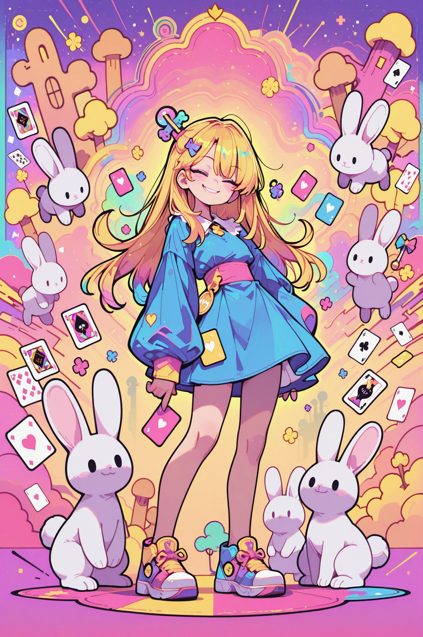 top quality, masterpiece, ultra high resolution,  Alice, Blonde Hair, Hairpins are messy,  smile with my long hair, blue dress, sneakers, pop designs, floating playing cards, colorful background,  White Rabbit, Wonderland, use psychedelic colors, colors like candy