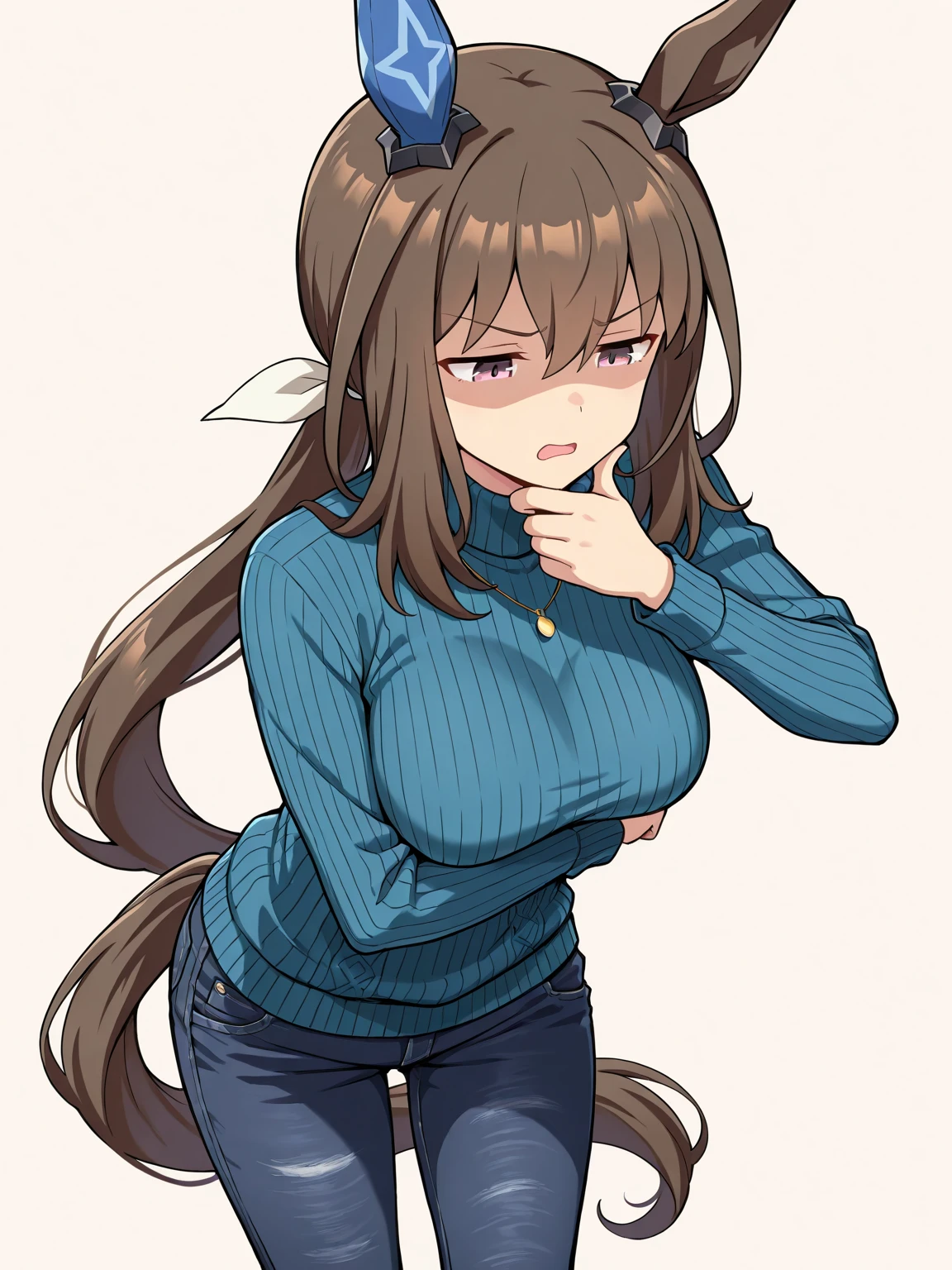 (Tall woman in her 30s,Brown Hair,Long hair tied up on the right side,Green Eyes,Medium Chest,Thick Ass,Her tied up hair is longer than her shoulders)Sweater clothes,Long skirt