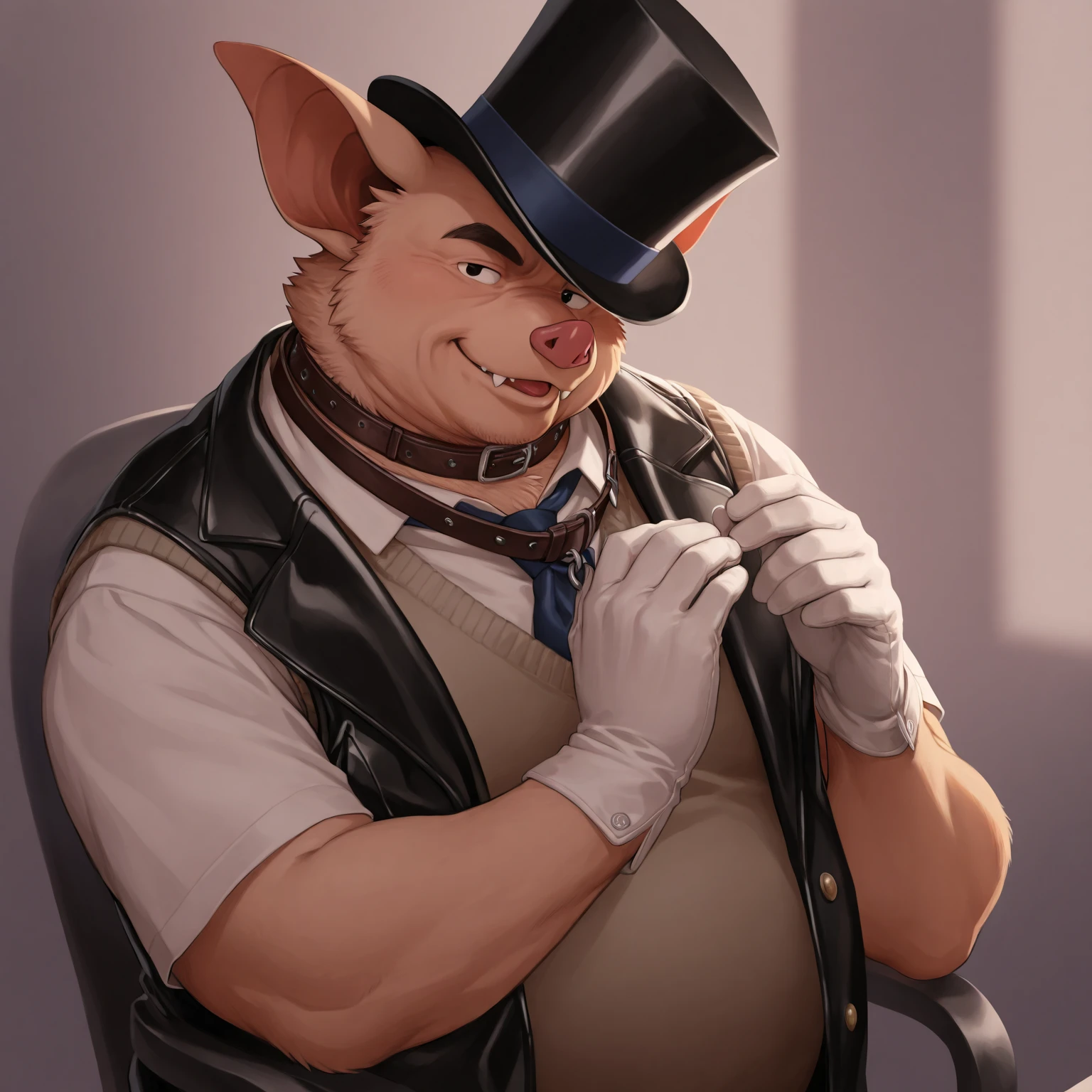 score_9, score_8_up, score_7_up, score_4, score_5, score_6, 2k, 4k, high res, 2d (artwork), cartoon style, no humans, Doggonut, 1boy, solo, head focus, male focus, headshot, large pectorals, collar, shy smile, blushing, looking down, blue eyes, american_opossum, muscular male, bedroom