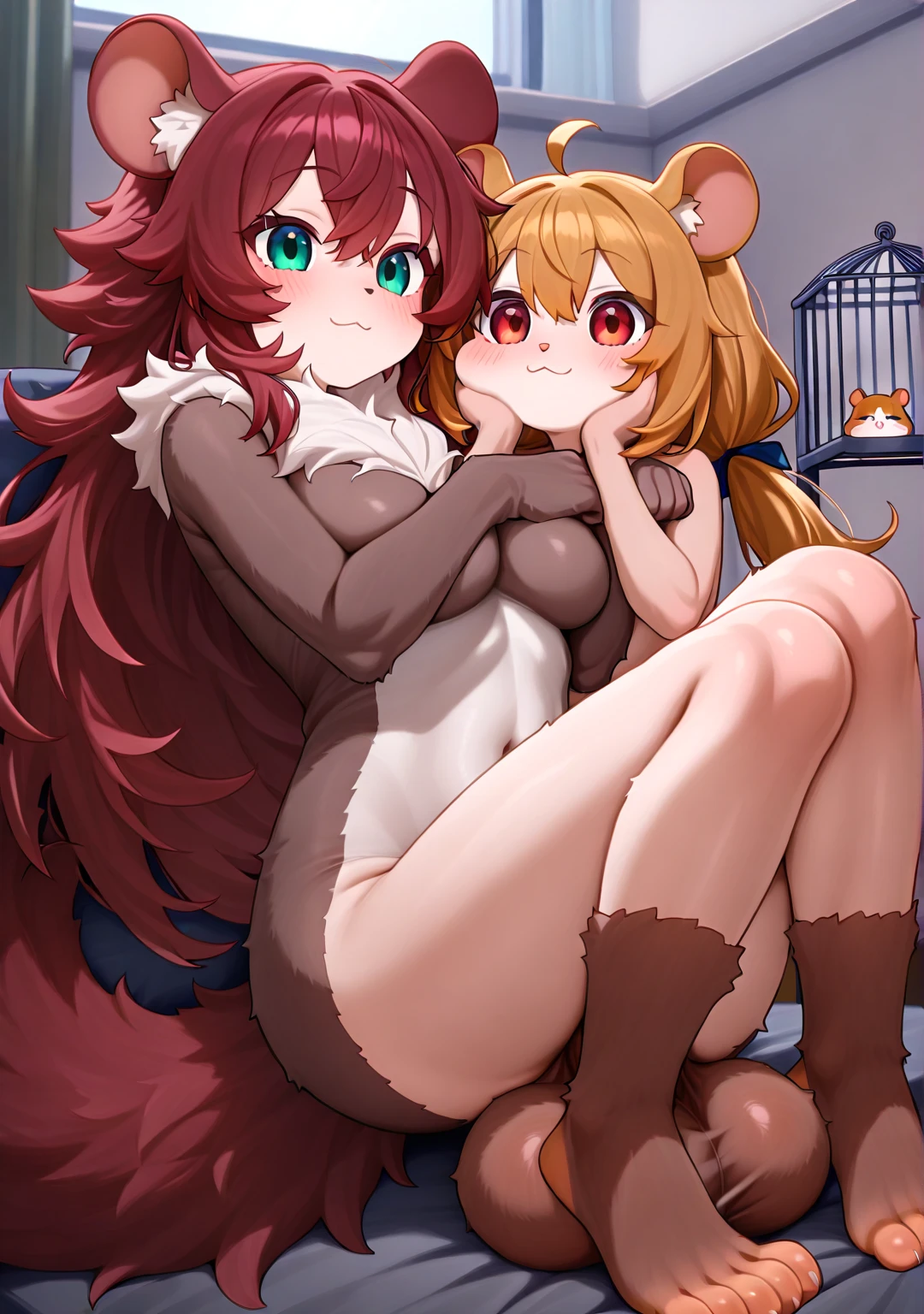 Horo, spice & wolf, red eyes, animal ears, light brown hair, crying, naked breast, sex from behind, cum on body, medeival bedroom, apples, 8k, highres, anatomically correct