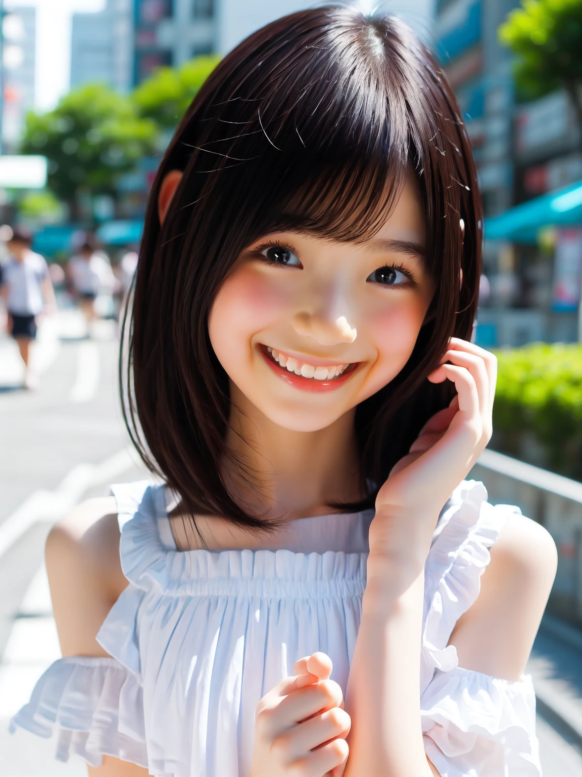 play piano , masterpiece , highest quality , woman , 25-year-old face , Japanese , blouse , short denim
