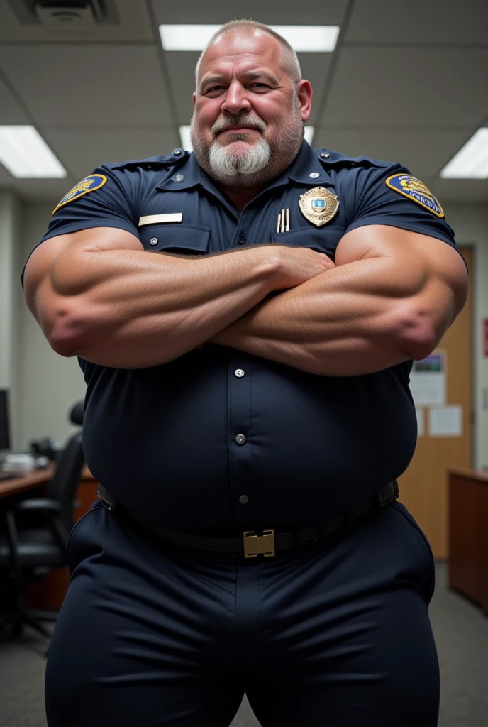 age 60, white man police detective with a mature, kind demeanor, strong and muscular yet chubby build, mustache, wearing a buttoned-open shirt, police uniform shirt, gun holster harness, hairy chest, giving off a hint of a horny yet disgusting aura, completing the look with comfortable loafers, underwear showing(latex), nice bulge, nicebulge, latex chaps,
