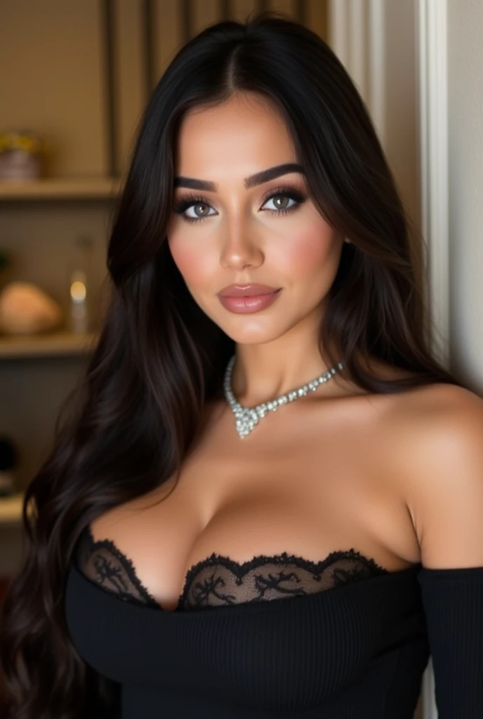 arafed femme pleinement , hispanique, fille sexy aux yeux bruns, ultra réaliste, minutieusement détaillé, Portrait de kylie Jenner, cheveux bruns et grands yeux, selfie d&#39;une jeune femme, Les yeux de Dubaï, Violette Myers, sans maquillage, Maquillage naturel, regarder directement la caméra, visage avec artgram, maquillage subtil, superbe photo de tout le corps à genoux sur le lit, dans la chambre, buste de taille moyenne à grande