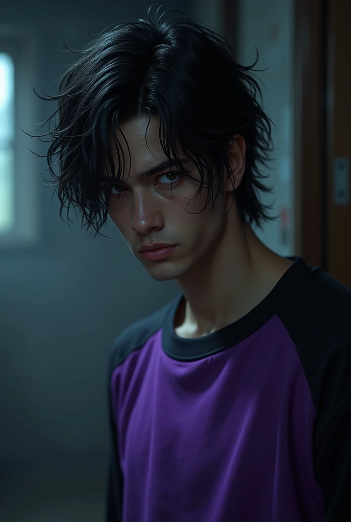 A young man with pink irises and purple irises, short wavy black hair with white streaks, wears a normal blouse and has a necklace with a skull pendant