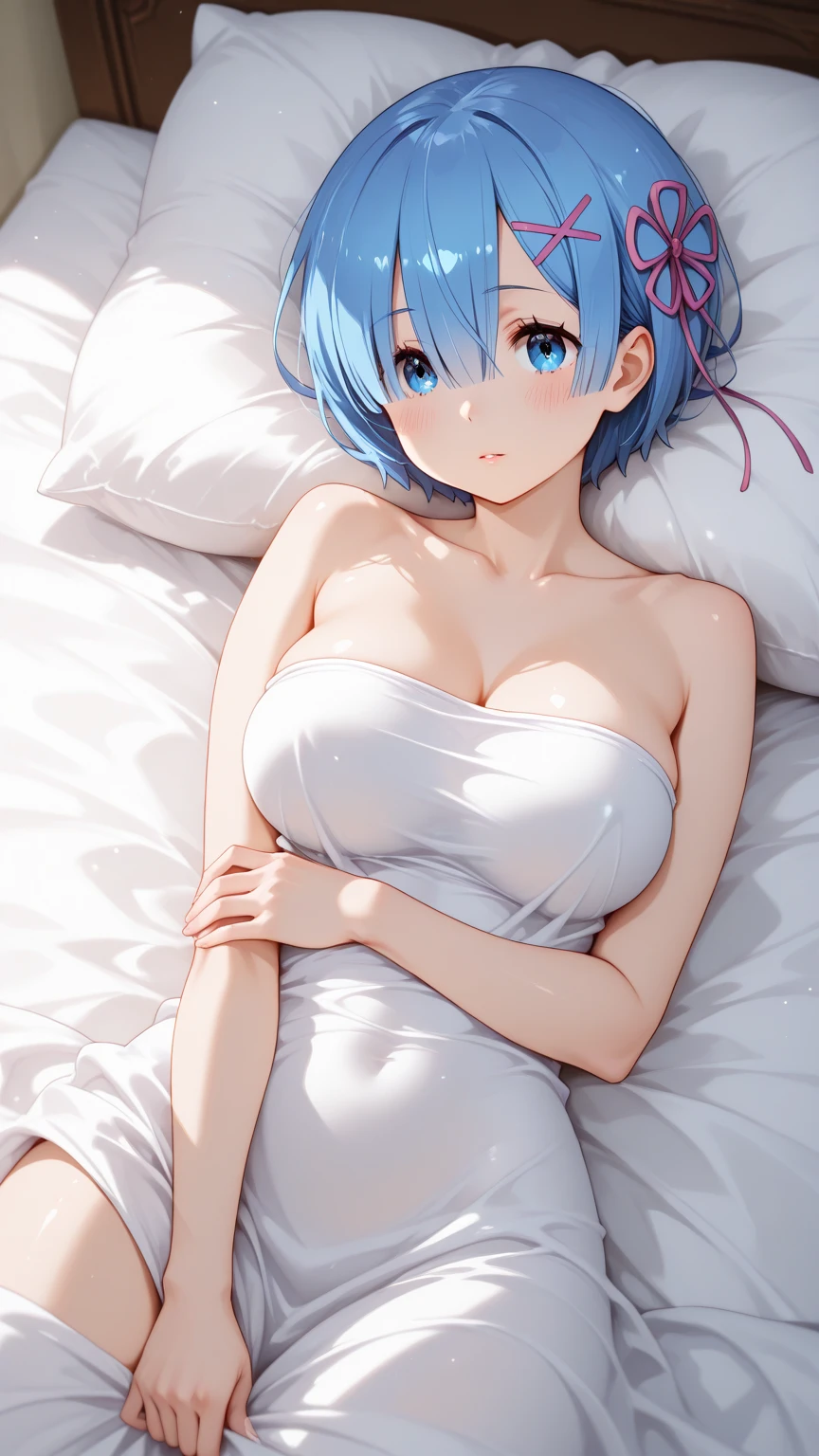 BREAK looking at viewer,BREAK (masterpiece:1.2), best quality, high resolution, unity 8k wallpaper, (illustration:0.8), (beautiful detailed eyes:1.6), extremely detailed face, perfect lighting, extremely detailed CG, (perfect hands, perfect anatomy),bedroom,windows,night,soft light,rem, blue eyes, blue hair, hair ornament, hair over one eye, hair ribbon, short hair, x hair ornament
apron,flower, head wreath, maid,short hair, skirt, thighhighs, waist apron, white apron, white thighhighs,blue hair,upskirt,showing panties,wet panties,shy face,open mouth,nipples see through,nipples,lie on back,lie in bed,sexy lingerie,no bra,naked breasts,naked tits,transparent lingerie,from above.