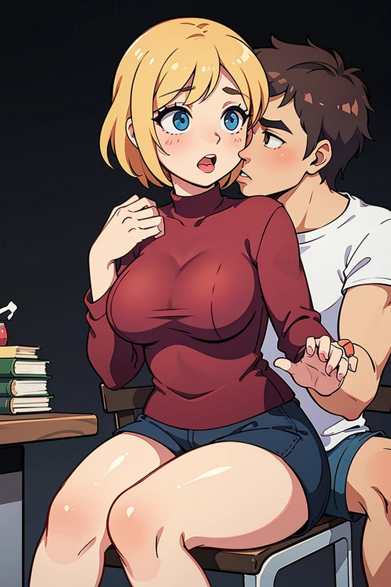 A sensual sexy woman beautiful big breast beautiful attraction long blonde yellow hair her gray eye wears white button down shirt office shows breast red bra and a short purple skirt she sucks penis under pants sex with young boy