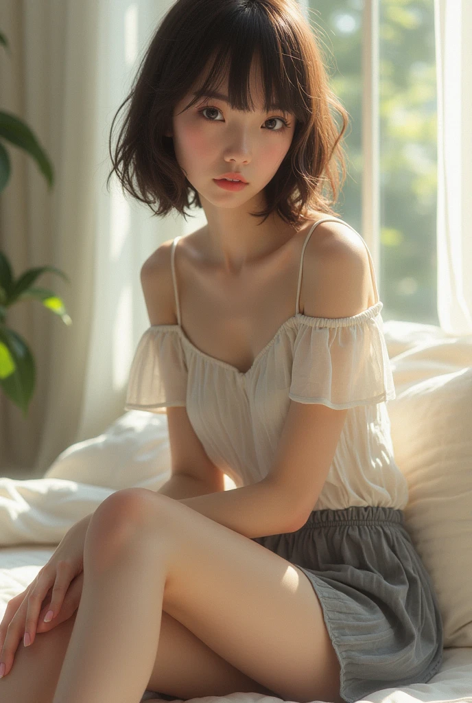 ((of the highest quality, 8K, masutepiece: 1.3, Raw photo)), Sharp Focus: 1.2, (1 AESPA Girl :1.1), Solo, (Realistic, Photorealistic: 1.37), (Face Focus: 1.1), Cute face, hyperdetailed face, (short messy hair: 1.2), Small Smile, Small breasts, flat chest, full nude, sitting, (chiffon camisole: 1.1), thigh, office room, flower