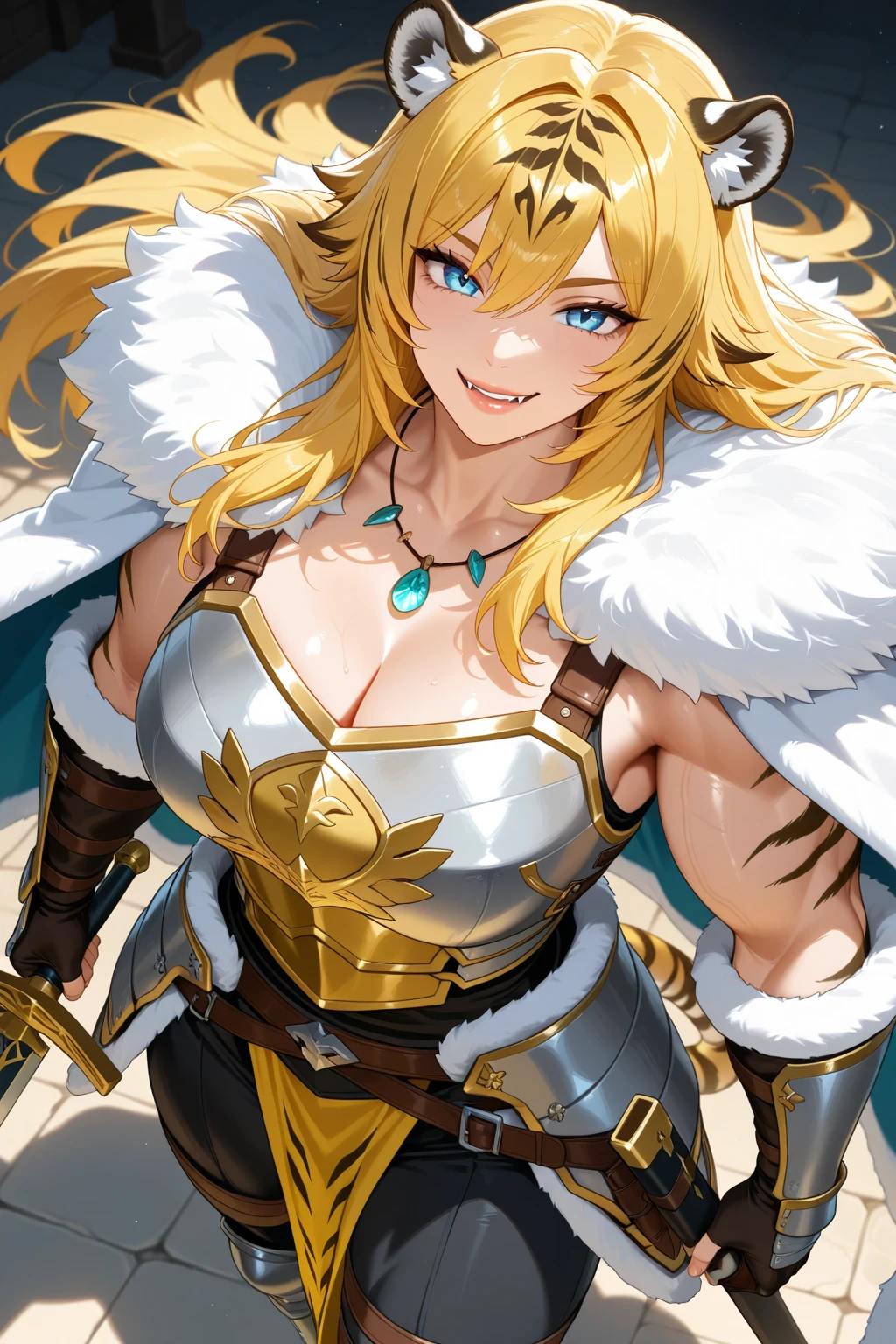 Outrageous resolution、masutepiece++,top-quality++,ultra-defined++, ultra-defined++,4K++,8K++,(Background Focus)++, Highly detailed, Viewer's Perspective、((colosseum))++、((Brown-skinned))++, ((One Golden Lion in a Fighting Stance)), ((((Combat-mad Golden Lion))))++++,(Golden Lion Beastman)、(((Metal armor and cloak fur)))+++,(((Scars all over the body)))++++,(Fangs peek out of the mouth)、((Ferocious smile))+ +,((Bloody)) ++,((Brown-skinned))++,(Thimble gloves) +,(Sharp eyes)、(a blond)、(Hair like a mane)、(short-haired)、(Super shiny hair and skin), (Sunlight),((Beautiful)),(Huge breasts_Body: 1.5),(Huge breasts:1.5), Muscular girl with clearly visible abs and muscles, Sweaty body, cleavage, Dynamism, (Abs cleansing and shaving, Muscle muscle thighs) +, A lively smile, Perfect eyes, Perfect hands, Perfect nose, Magic Battle Dark, Bright atmosphere, (wet effect) +, (light effect), (Cinematic Light) + , (Like a movie of light) +