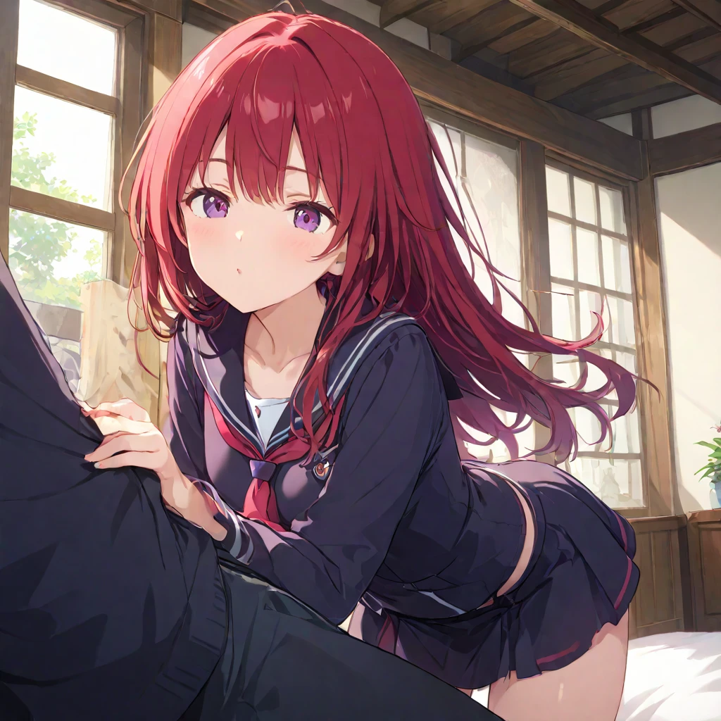 masterpiece, best quality, very aesthetic, absurdres, newest,1girl, wariza, masturbate, one_hand_between_legs ,open_mouth, saliva, tear in eyes,,embarrassed, ,makima_(chainsaw_man),chainsaw_man,  1girl, red_hair, ringed_eyes, yellow_eyes, white_shirt, black_necktie, black_pants,  high-waist_pants, long_sleeves,,in a island