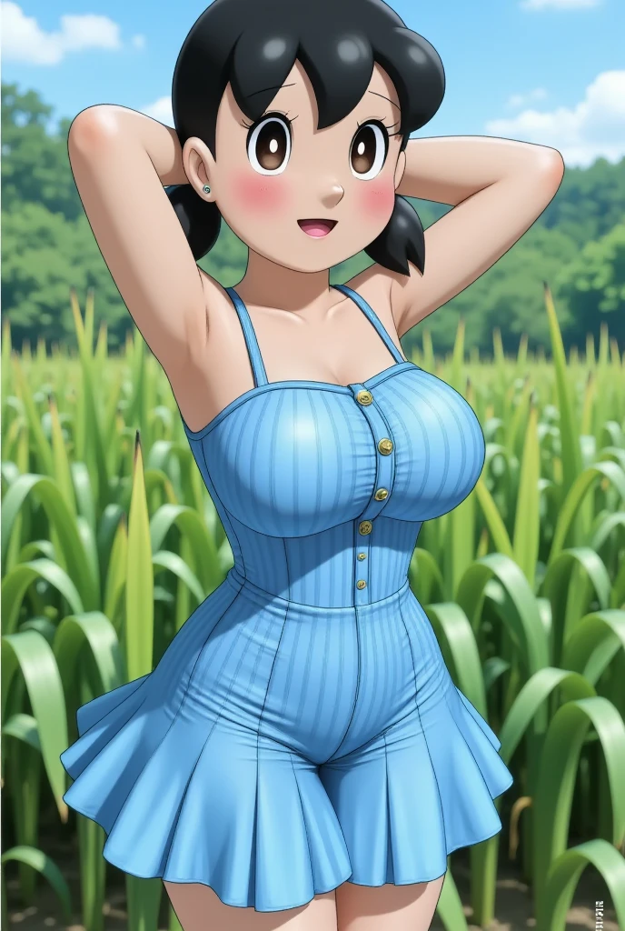 looking at the camera、When I Look at You、lookatviewer、Anime Style、Eroge、1 girl, (Huge breasts:1.5)、((Collarless white cropped blouse))、Low Angle、Brown haired, hair band、bob hair、The forehead is visible、blush, bangs,round chest、smile、((whole body))、(From before:1.5)、valley、button、Vertical Sweater