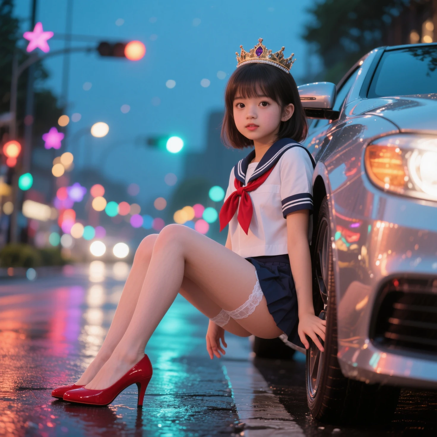 SFW (Closeup from Ass to Face:1.28) ExtremelyDetailed ((SchoolGirl Lying back on Car)) Spread Legs Up, perfect face, Brilliant(Tiny Crown), Detailed(Delicate Clothing textures), SailorUniform with Red Ribbon, (((WhitePanties))), PerfectHand with Childish 4 Fingers and one Thumb, Corrected Leg to Foot Line, ((Starry Colorful Lights at Dusk Harbor)) (Specular Reflection:1.28) Shiny Cars, ((Hidden Arm) Hidden Sole) Red[High-Heels], TopQuality 8K Ultra-detailed masterpiece(ProfessionalPhoto:1.37)(Acutance:0.8)
