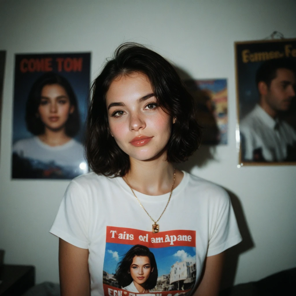 A girl sitting on a sad couch holding a flower in her hand looked at the 1980s view