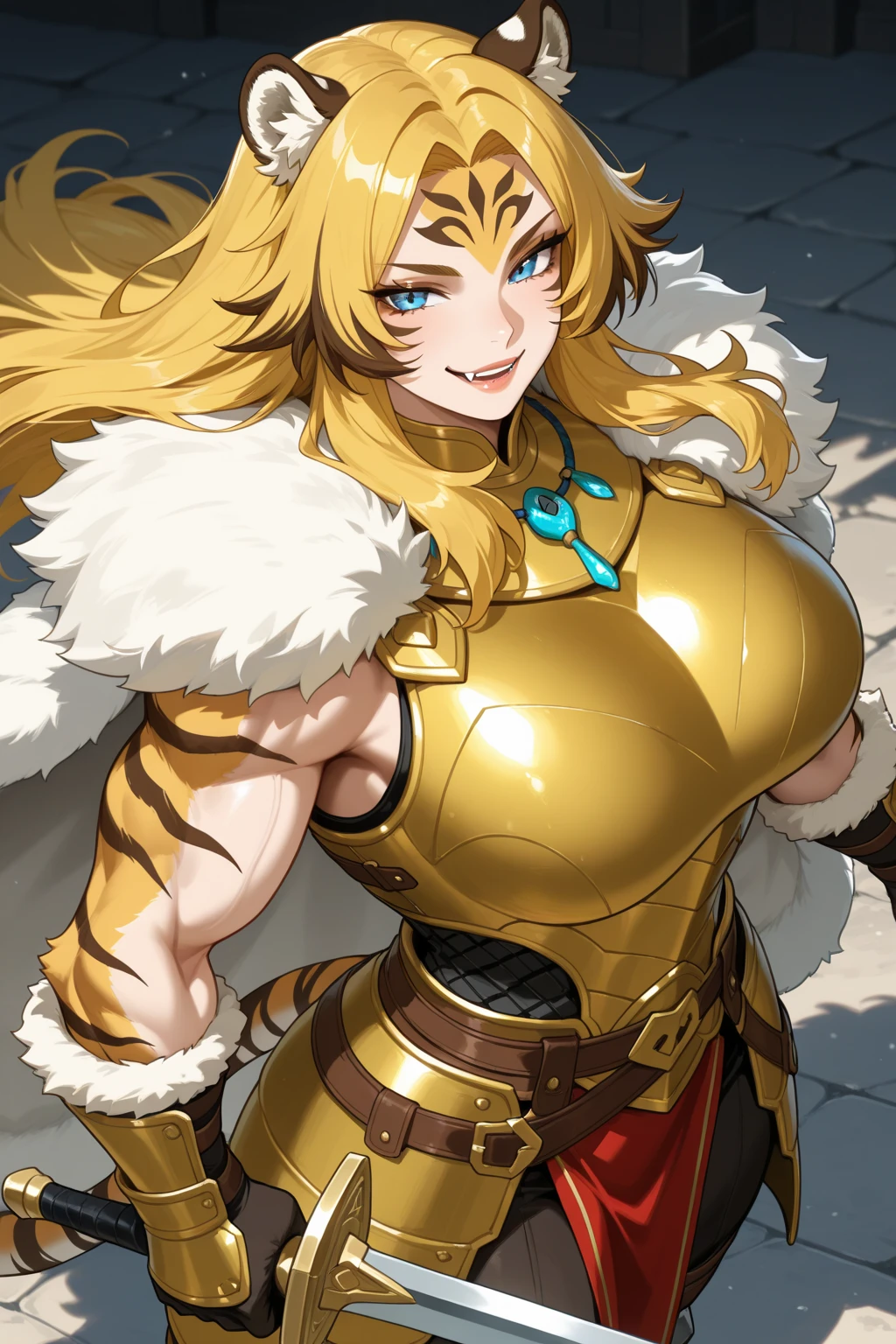 Outrageous resolution、masutepiece++,top-quality++,ultra-defined++, ultra-defined++,4K++,8K++,(Background Focus)++, Highly detailed, Viewer's Perspective、((colosseum))++、((Brown-skinned))++, ((One Golden Lion in Battle Posture)), ((((Combat-mad Golden Lion))))++++,(Golden Lion Beastman)、(((Metal Armor and Manto-Fer)))+++,(((scars all over the body)))++++,(Fangs peek out of the mouth)、((Furious smile))+ +,((Bloody)) ++,((Brown-skinned))++,(Thimble gloves) +,(Sharp eyes)、(a blond)、(Mane-like hair)、(short-haired)、(Super shiny hair and skin), (Sunlight),((Beautiful)),(Huge breasts_Body: 1.5),(Huge breasts:1.5), Muscular girl with clearly visible abs and muscles, Sweaty body, cleavage, Dynamism, (Abs cleansing and shaving, Muscle muscle thighs) +, A lively smile, Perfect eyes, Perfect hands, Perfect nose, Magic Battle Dark, Bright atmosphere, (wet effect) +, (light effect), (Cinematic Light) + , (Like a movie of light) +