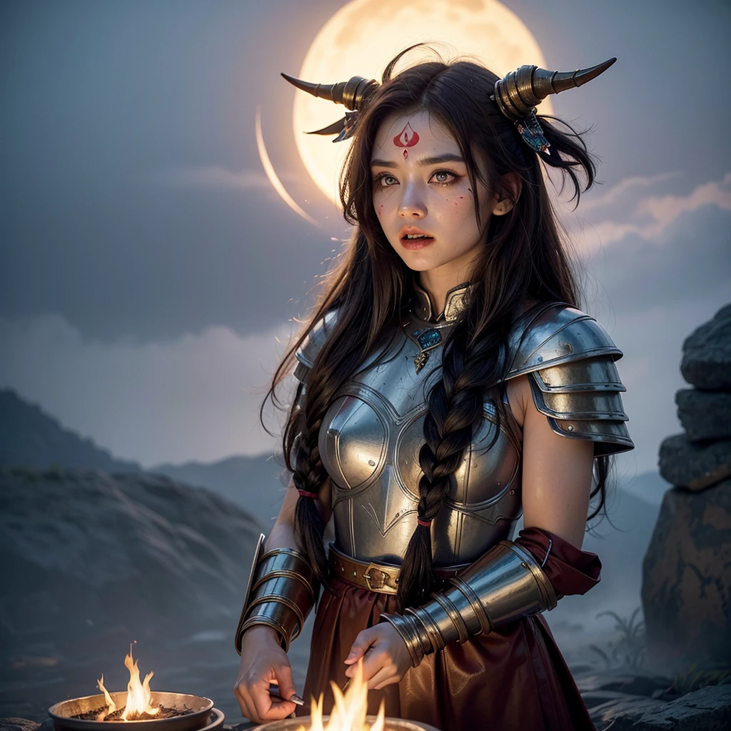 A proud tribal beast-warrior standing tall in a golden sunset, thick luxurious fur flowing like a lion’s mane, glistening under the light, (fur color: deep auburn with streaks of silver near the temples), (texture: soft yet rugged, with individual strands catching the breeze), their hair braided with tiny bones, feathers, and ancient beads, (braid details: three main braids on each side of the head, intertwined with crimson thread and turquoise stones), (ornaments: tribal charms shaped like claws, fangs, and crescent moons), fierce eyes glowing with a primal spirit, (eye color: glowing amber with slitted pupils), wearing ceremonial war paint across the cheekbones and forehead, (paint color: matte white with red stripes), (design: symmetrical markings symbolizing loyalty and bravery), muscular build covered in ritualistic armor made from beast hide and metal plates, (armor: dark leather with bronze accents, shoulder guards shaped like roaring beast heads), holding a double-bladed axe etched with runes, (rune glow: faint blue), surrounded by ethereal mist rising from the ground, (mist: faint violet with sparkles of light), standing on a stone cliff that overlooks the tribe’s homeland — a vast valley filled with roaring waterfalls, bonfires, and roaring war cries in the distance, (background: high mountain ridges, glowing fire pits, and distant figures dancing in silhouette), the atmosphere charged with sacred energy, as if the wind itself whispered tales of glory and the ancestors’ blessings