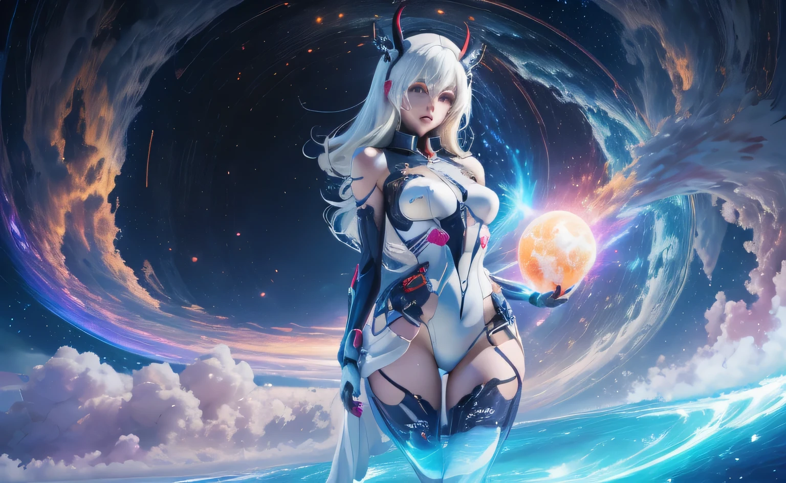 Adventurous woman in a sexy silver space suit is exploring an alien landscape. Bioluminescent crystals, tentacled plants, strange alien birds