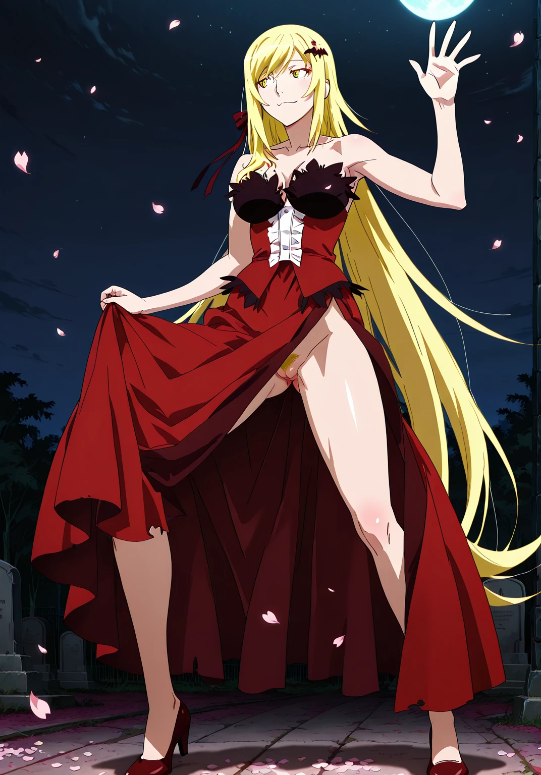 <lora:kissShotAcerolaOrion_kissShotAcerolaV10:0.7>, masterpiece, 1girl, red dress, vampire, pointy ears, black ribbon, blonde hair, kiss-shot acerola-orion heart-under-blade