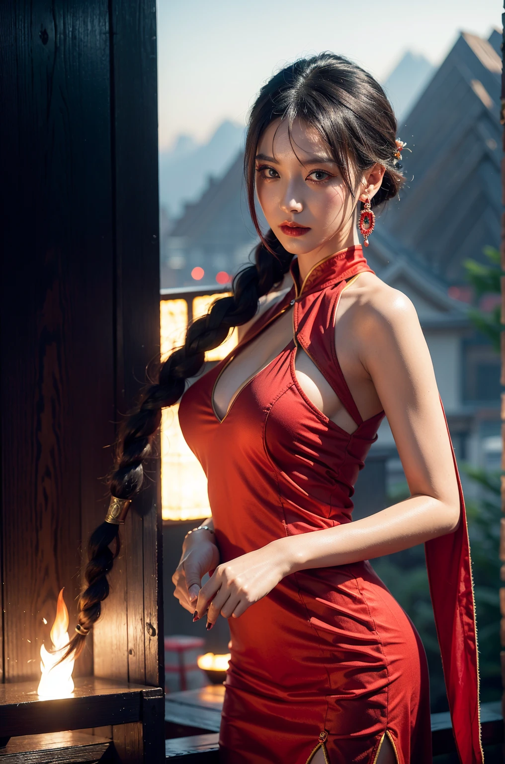 best quality, masterpiece, 1girl, Beautiful face, (photo realistic:1.3), rim lighting, (high detailed skin:1.2), 8k uhd, dslr, high quality, high resolution, 4k, 8k, Bokeh, absurdres, best ratio four finger and one thumb, (realistic:1.3), cute 1girl, medium breasts, wear red Chinese style one-piece cloth, sleeveless and backless