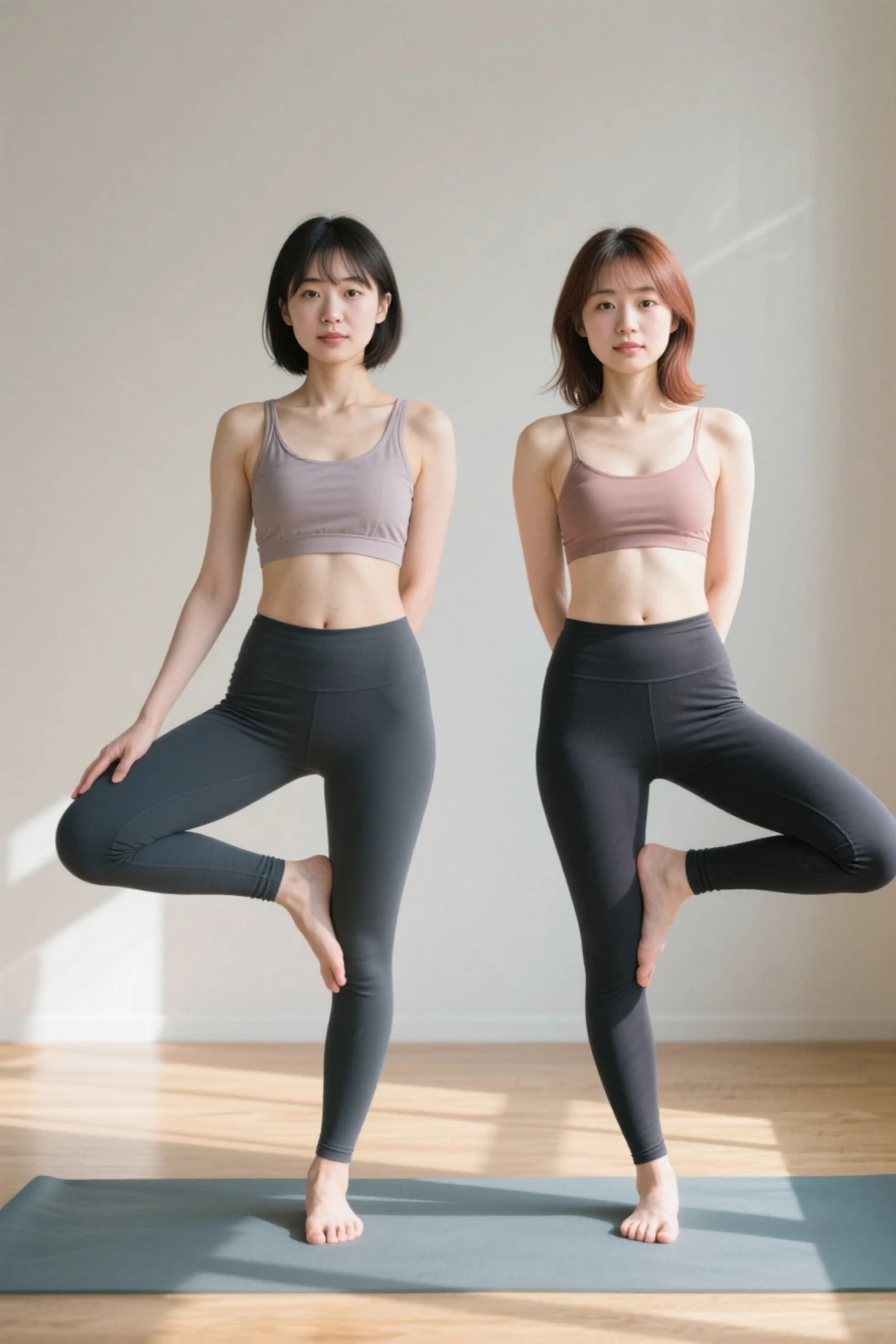 ((top-quality、8K、​masterpiece:1.3))、Tall and beautiful woman、Perfect figure:1.4、Slender Abs、Dark brown hairstyle、shorth hair、Light gray yoga pants、No postural movement、Stand up straight、huge bust、Highly detailed facial and skin texture、A detailed eye、二重まぶた、Face with a cold、A royal sister full of fans、full body Esbian、Peach butt、Small Sports Bra、squatt、sports shoes